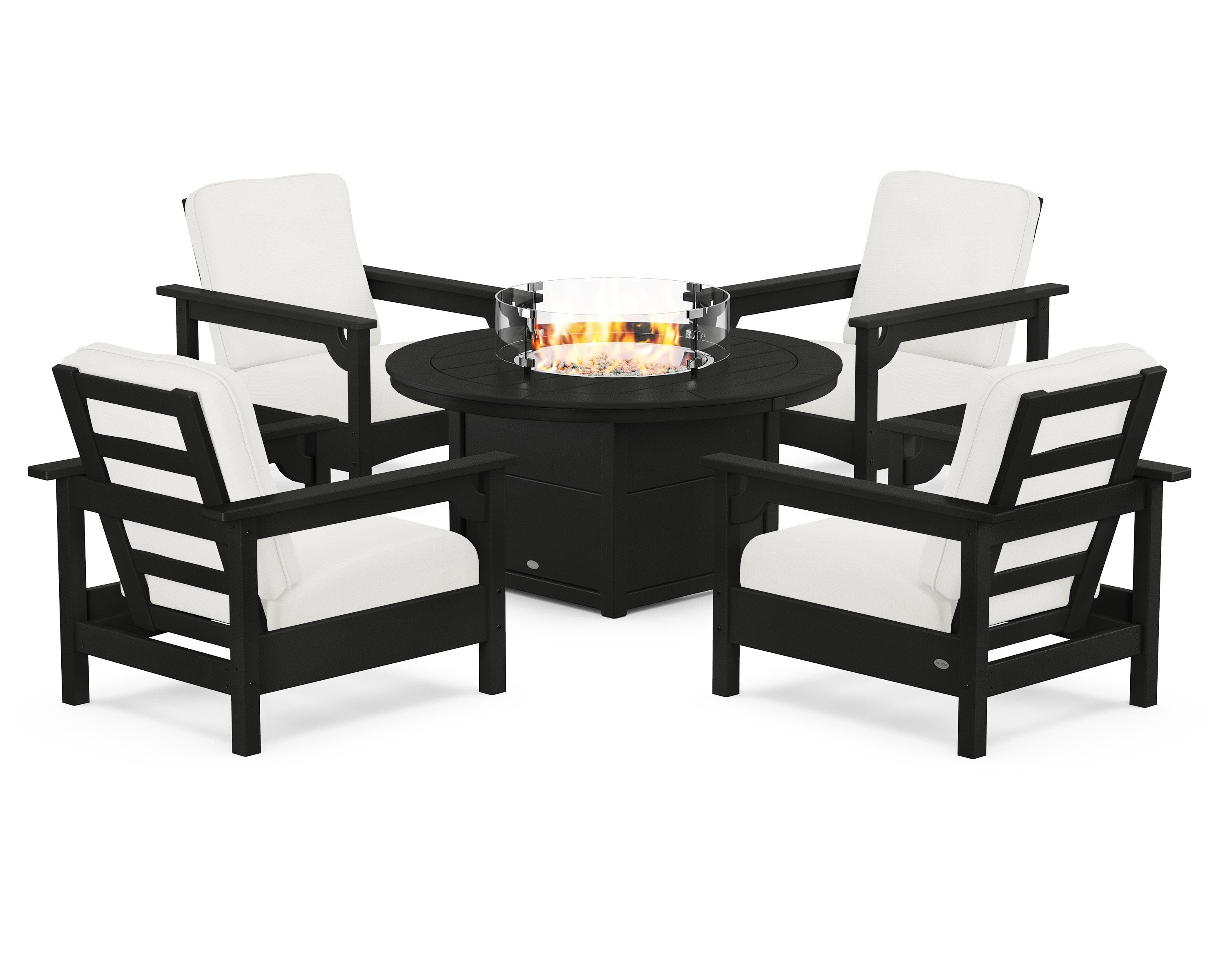 POLYWOOD® Club 5-Piece Conversation Set with Fire Pit Table in Black / Natural Linen