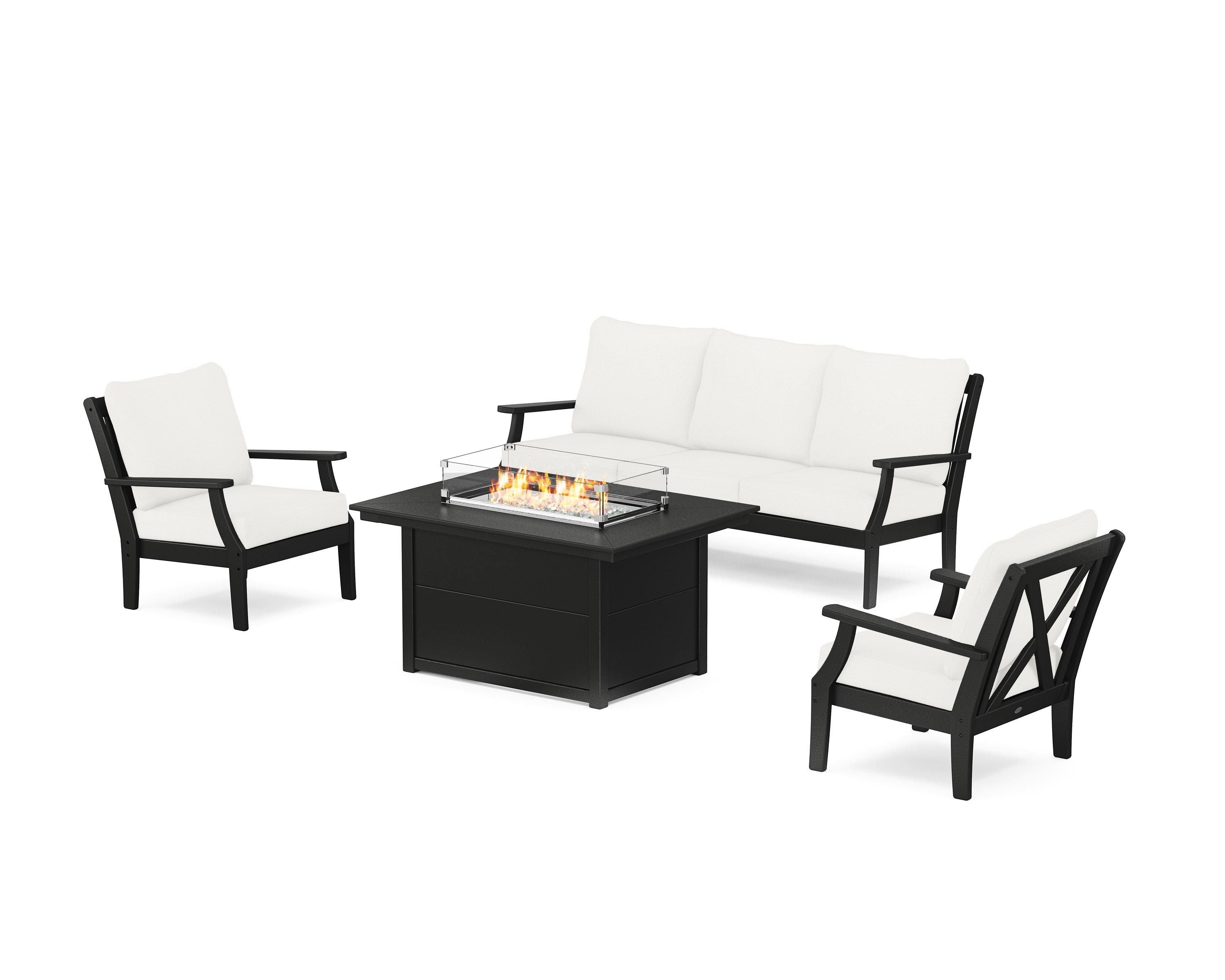 POLYWOOD® Braxton Deep Seating Fire Pit Table Set in Black / Natural Linen