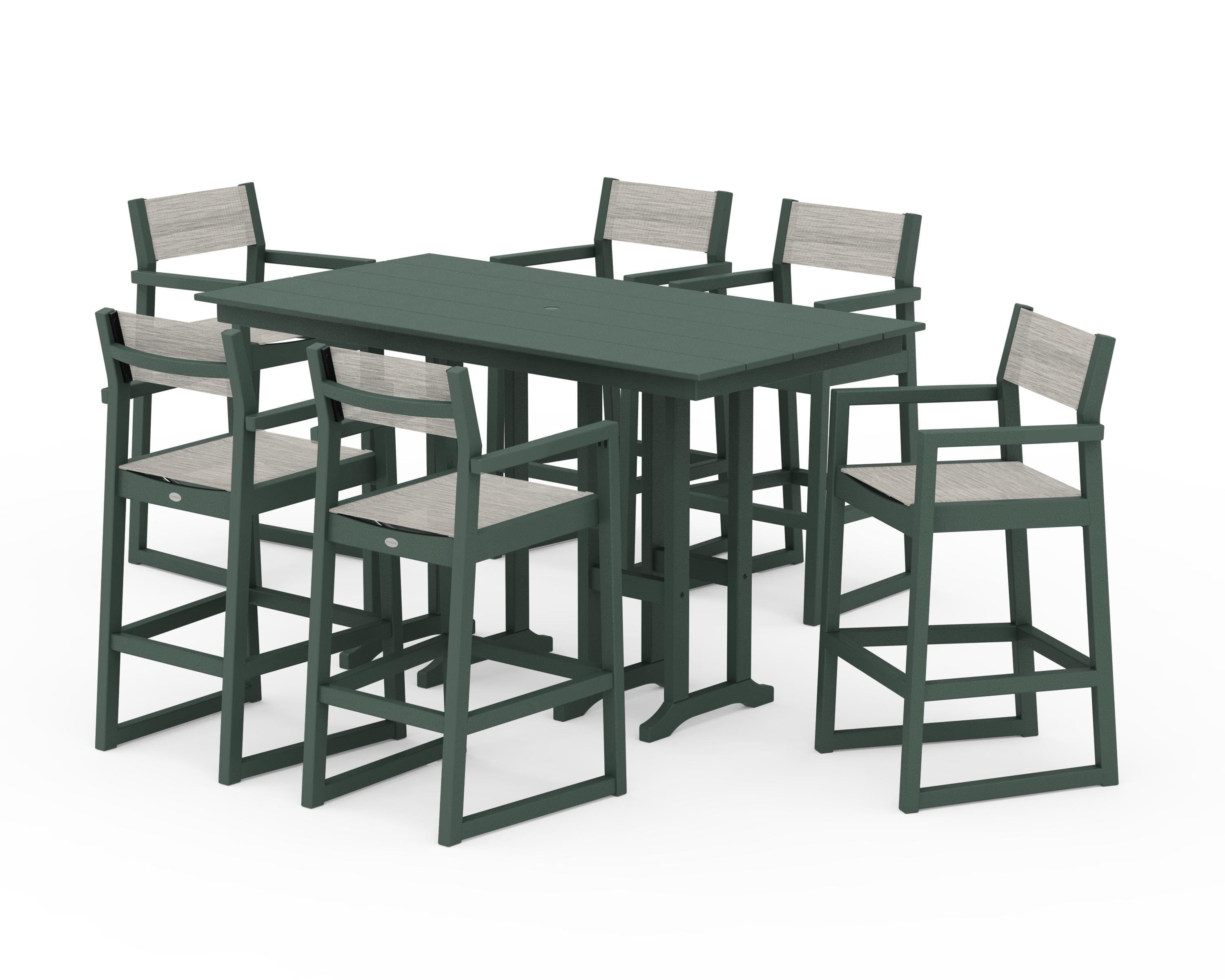 POLYWOOD® EDGE Sling Arm Chair 7-Piece Farmhouse Bar Set in Green / Birch Sling