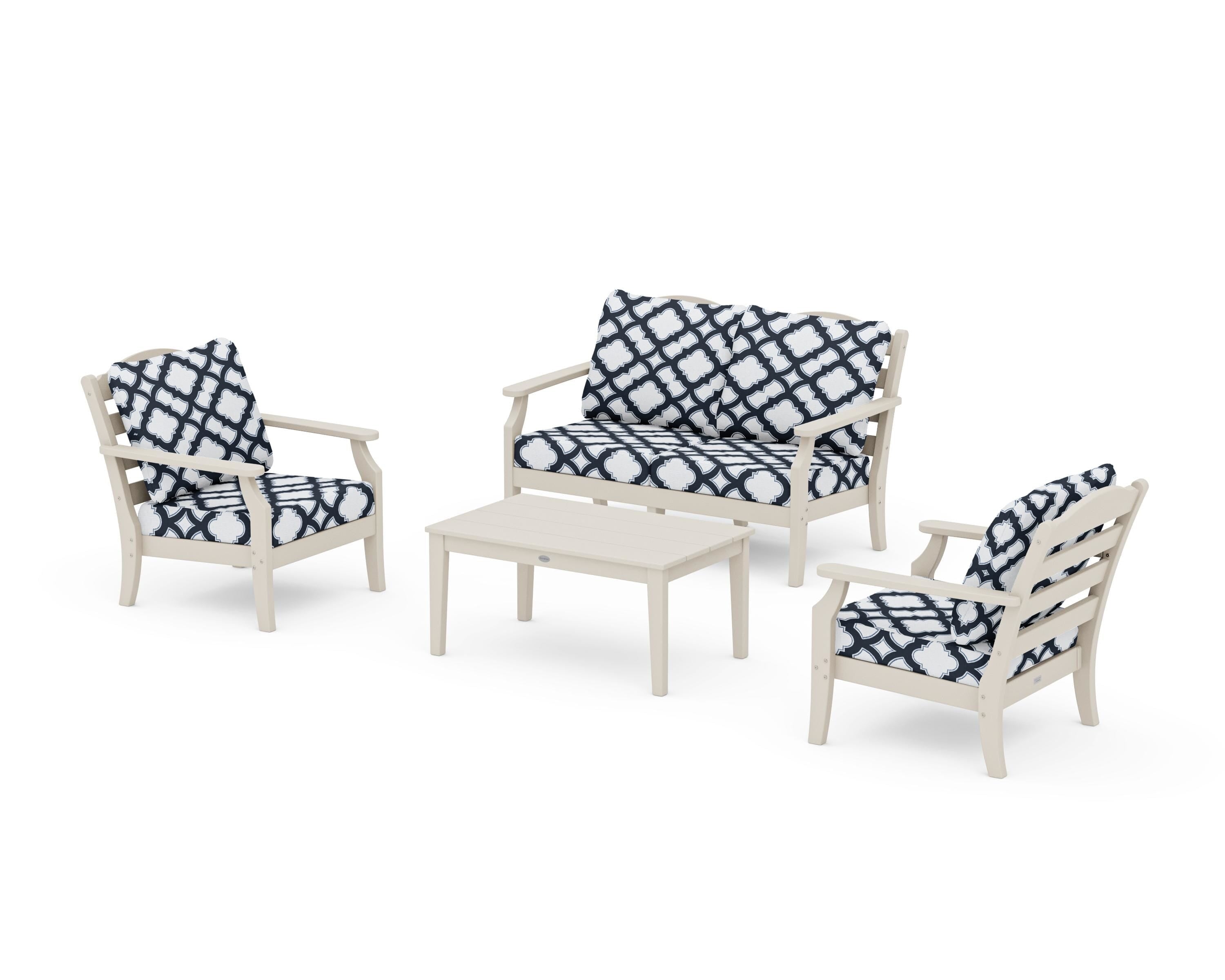 Draper James™ by POLYWOOD® Savannah 4-Piece Deep Seating Set with Loveseat in Sand / Trellis Marine Indigo