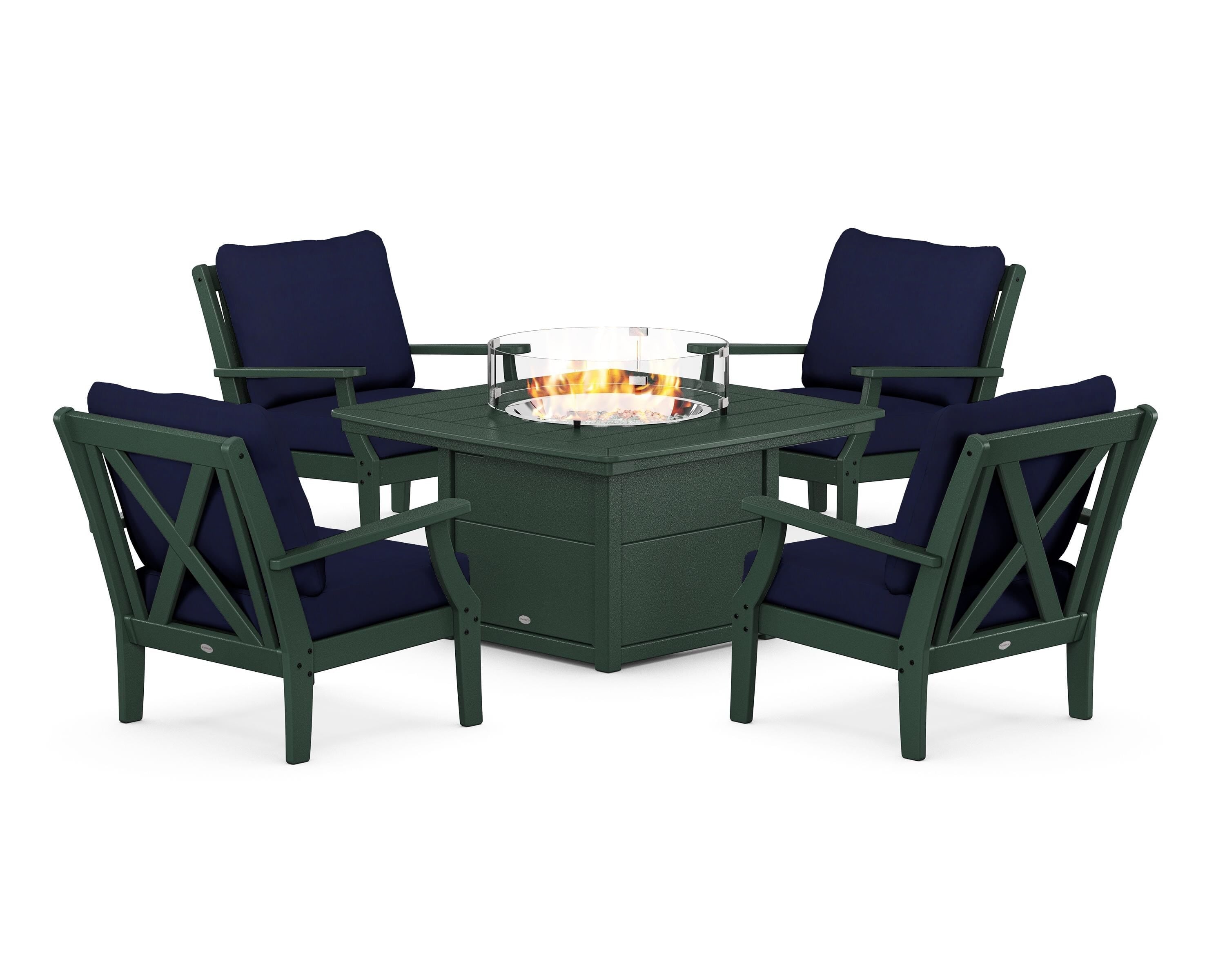 POLYWOOD® Braxton 5-Piece Deep Seating Conversation Set with Fire Pit Table in Green / Navy