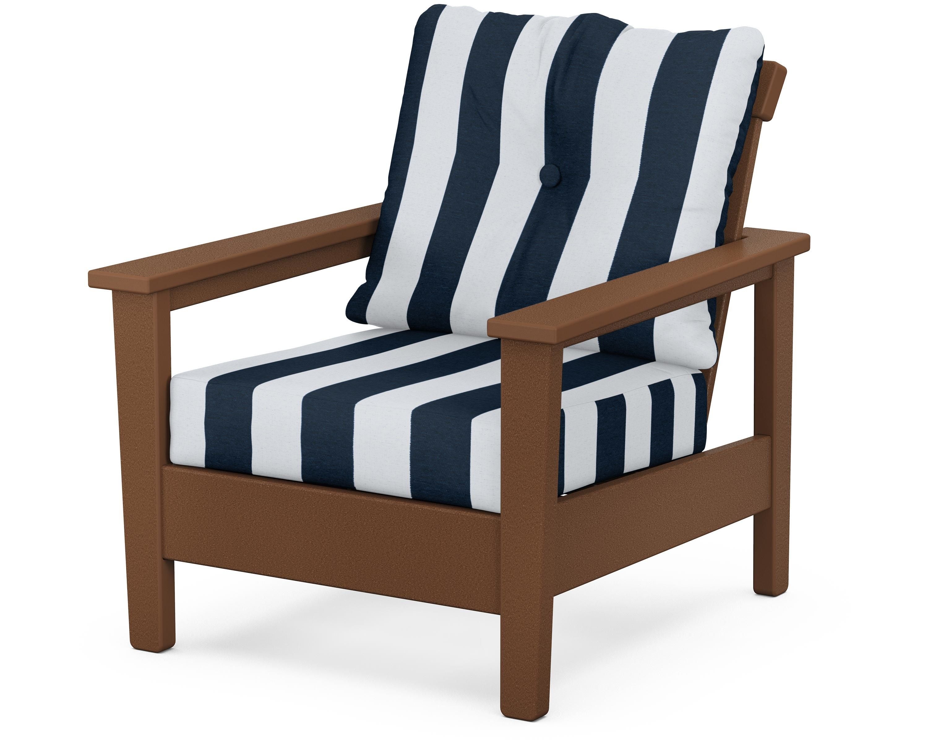POLYWOOD® Prescott Deep Seating Chair in Teak / Cabana Stripe Marine Indigo