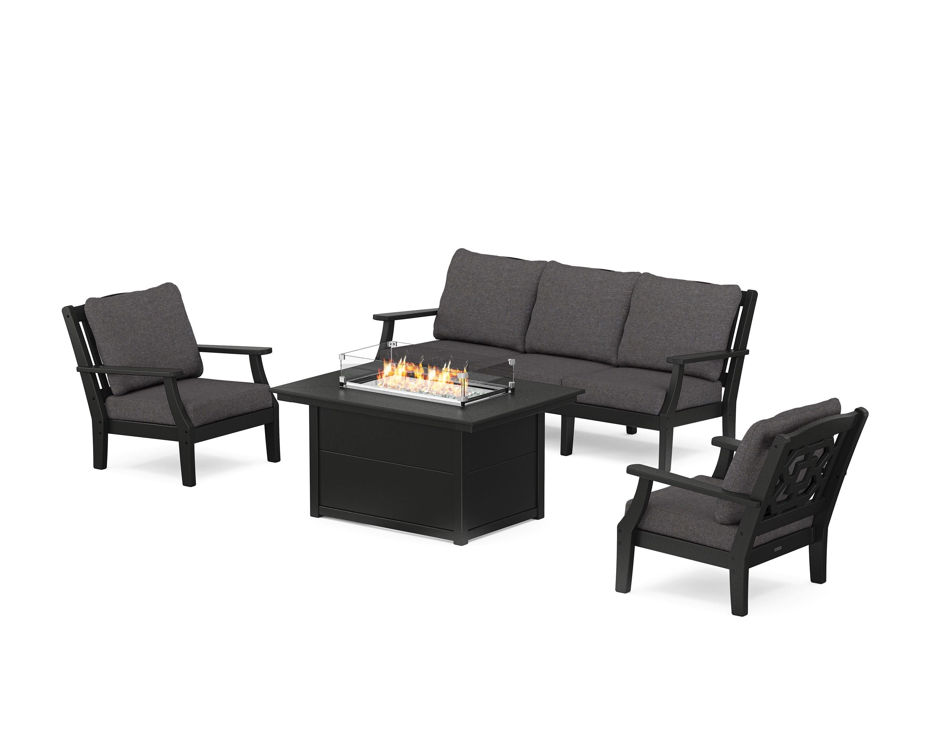 Martha Stewart by POLYWOOD® Chinoiserie Deep Seating Fire Pit Table Set in Black / Ash Charcoal