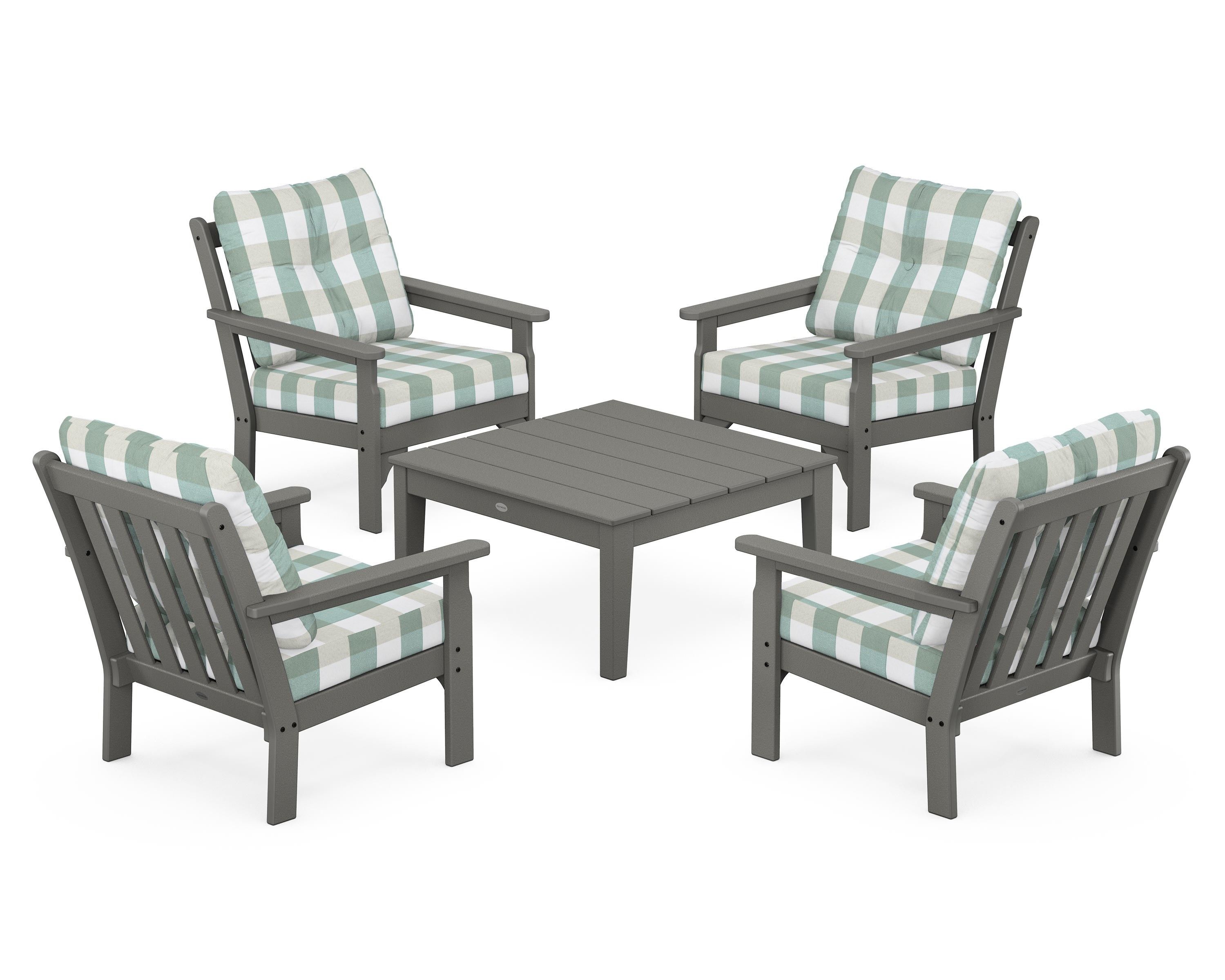 POLYWOOD® Vineyard 5-Piece Deep Seating Conversation Set in Slate Grey / Buffalo Plaid Glacier Spa
