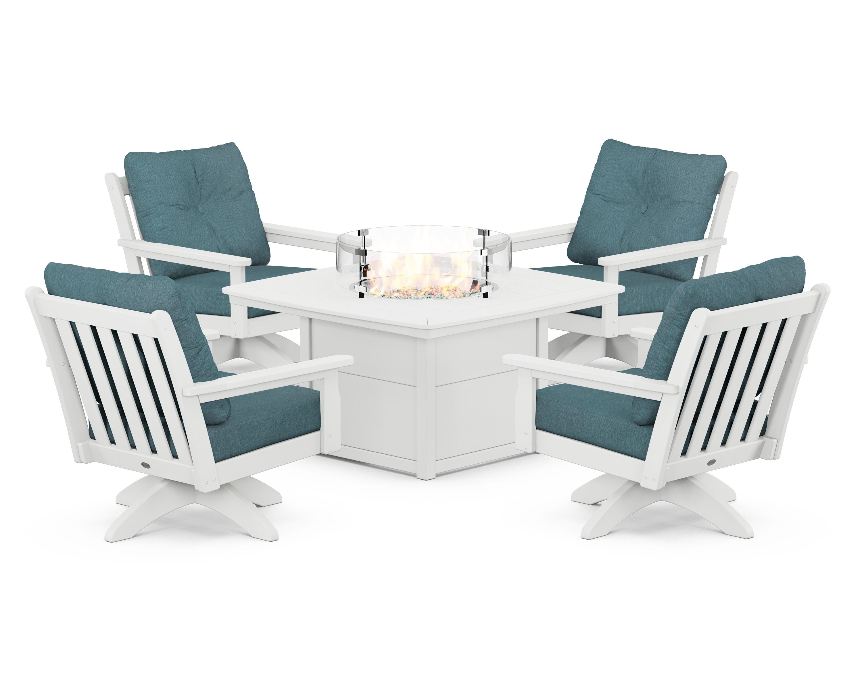 POLYWOOD® Vineyard 5-Piece Deep Seating Swivel Conversation Set with Fire Pit Table in White / Ocean Teal
