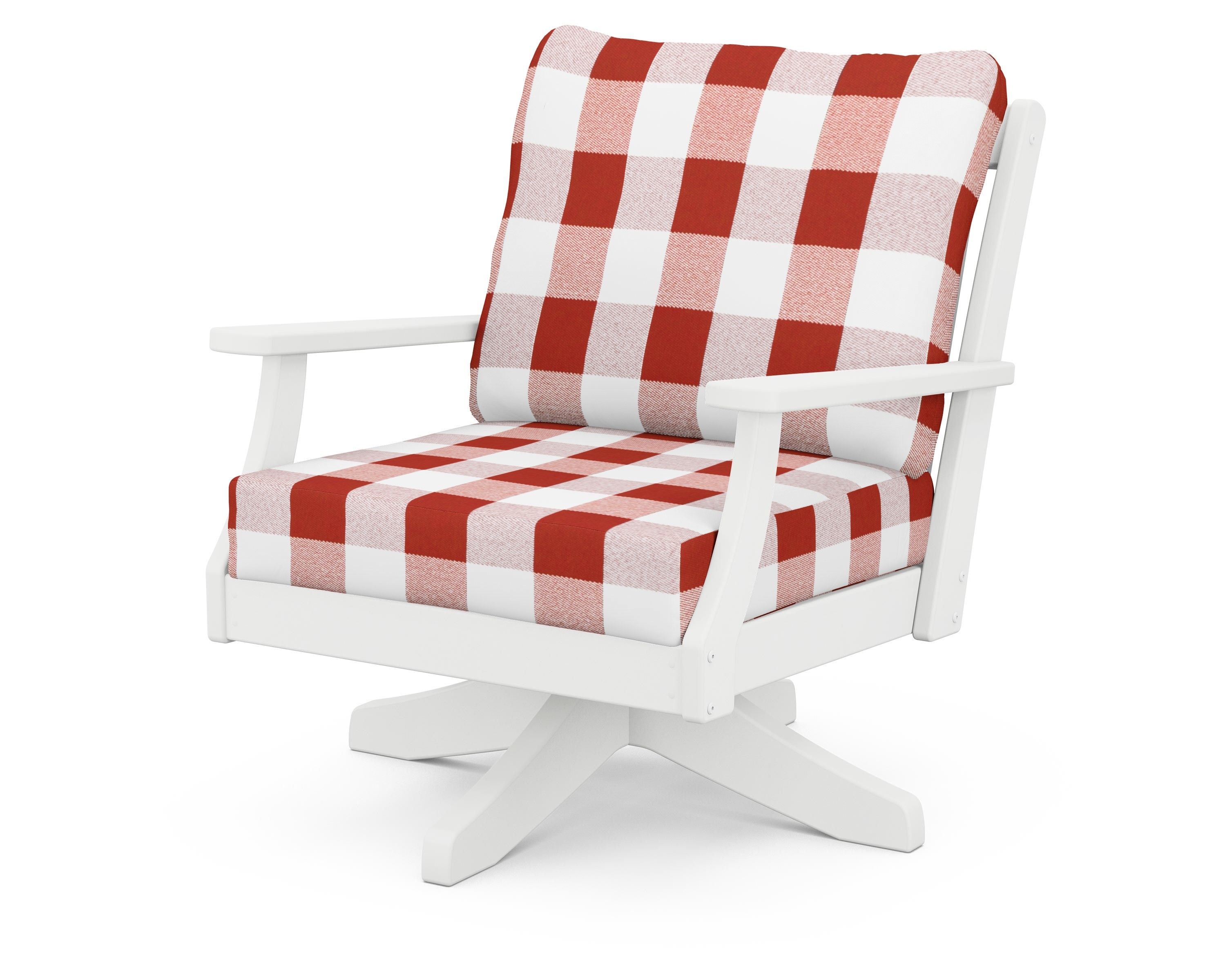 POLYWOOD® Braxton Deep Seating Swivel Chair in White / Buffalo Plaid Crimson