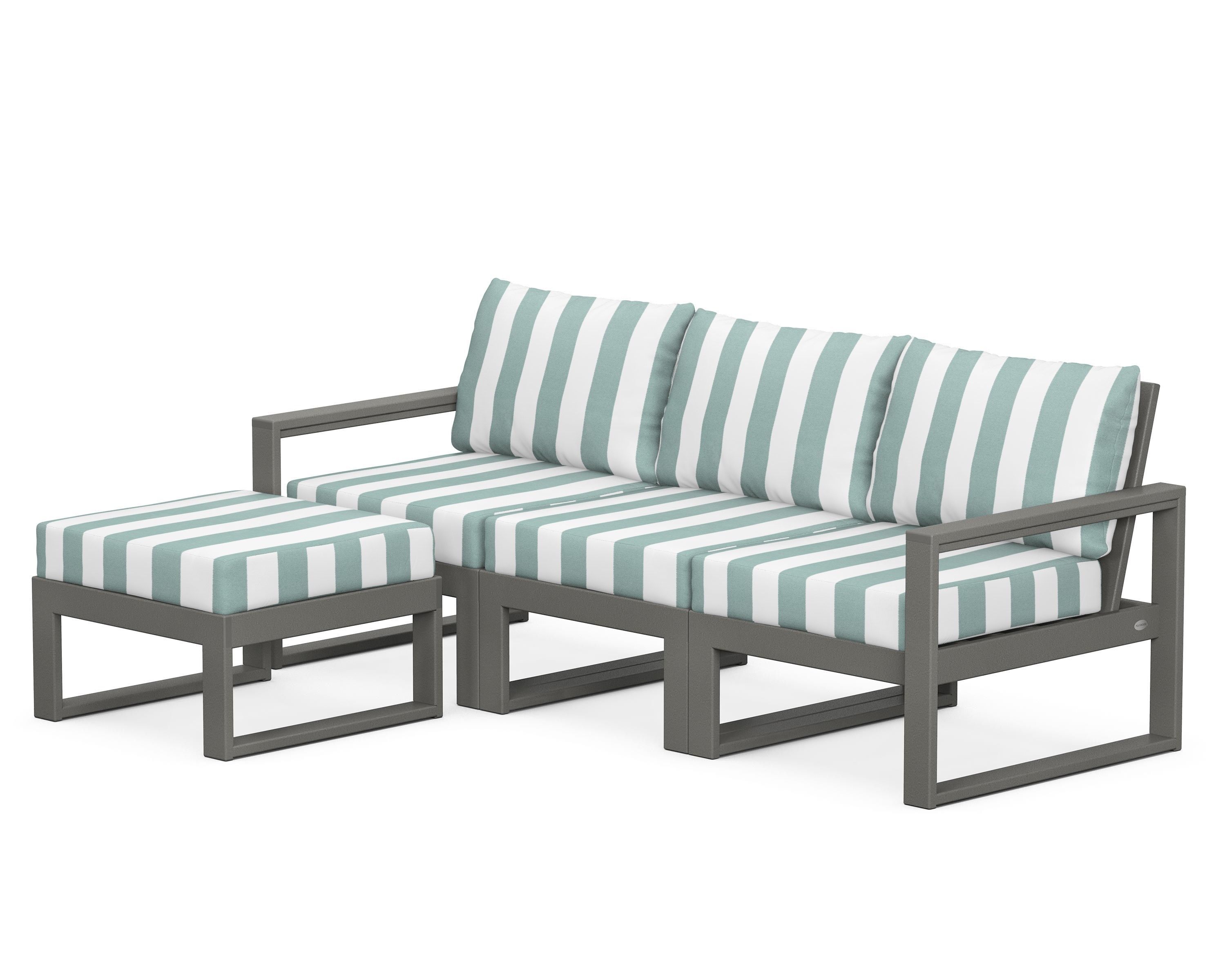 POLYWOOD® EDGE 4-Piece Modular Deep Seating Set with Ottoman in Slate Grey / Cabana Stripe Glacier Spa