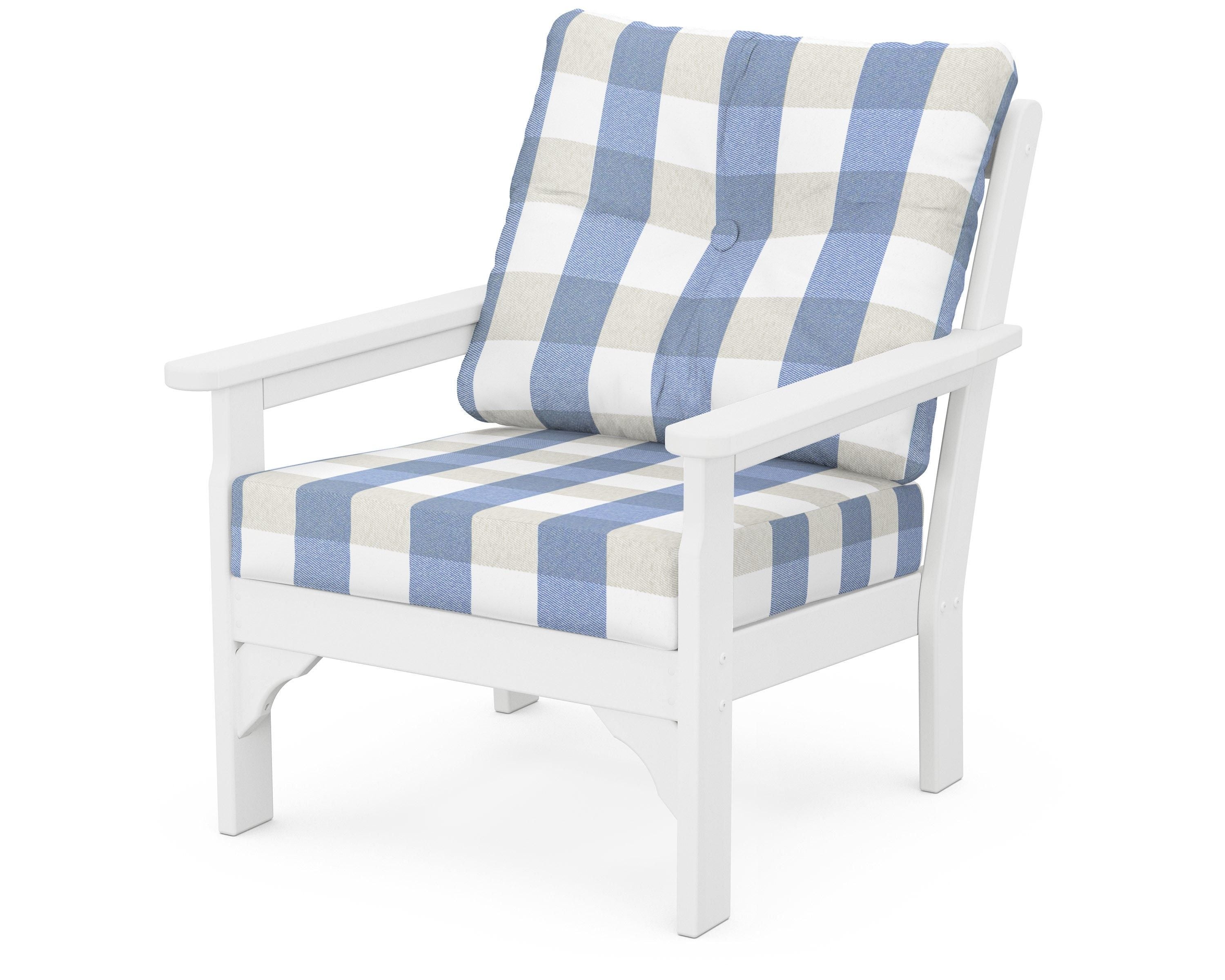 POLYWOOD® Vineyard Deep Seating Chair in White / Buffalo Plaid Sky Blue