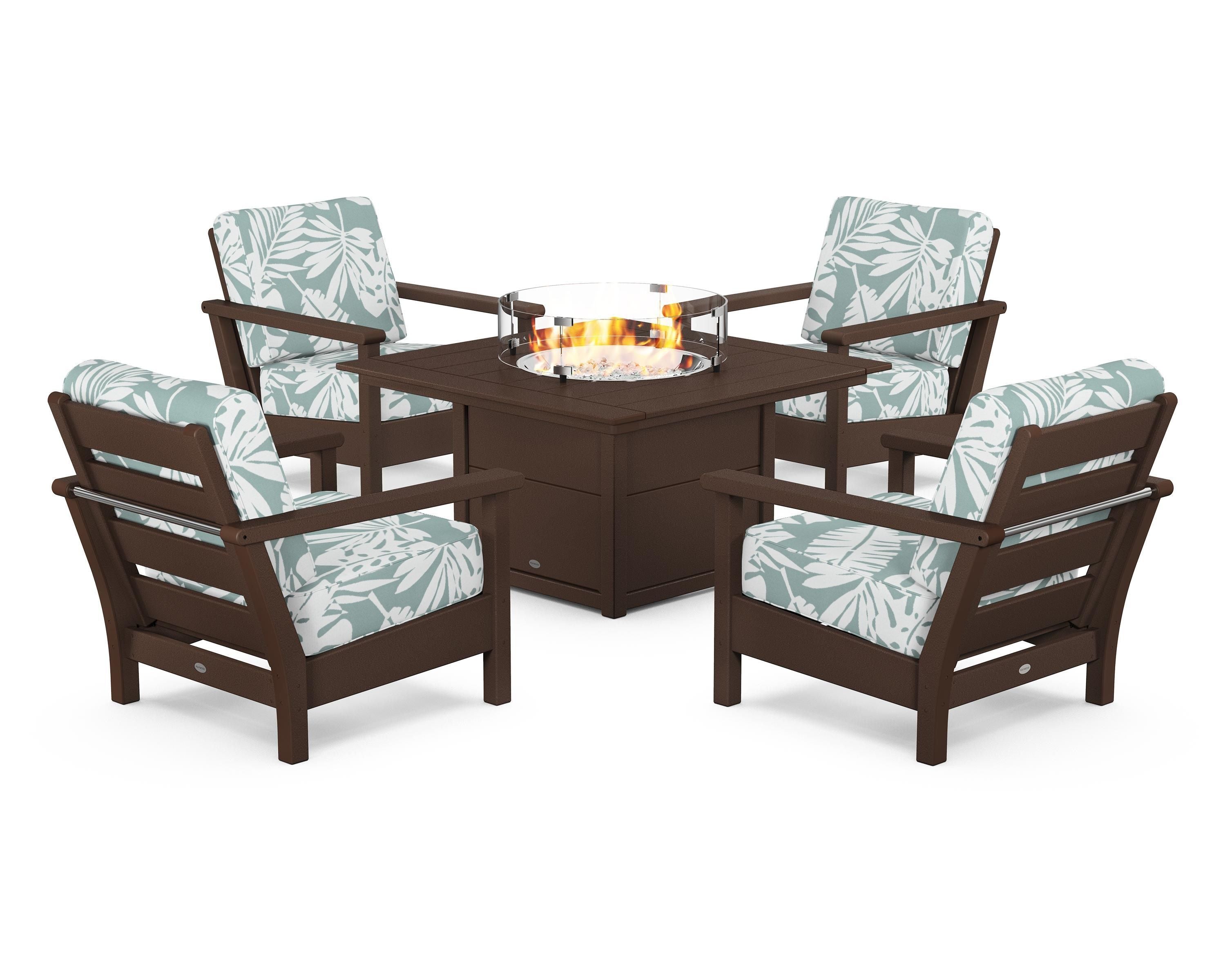 POLYWOOD® Harbour 5-Piece Conversation Set with Fire Pit Table in Mahogany / Leaf Glacier Spa