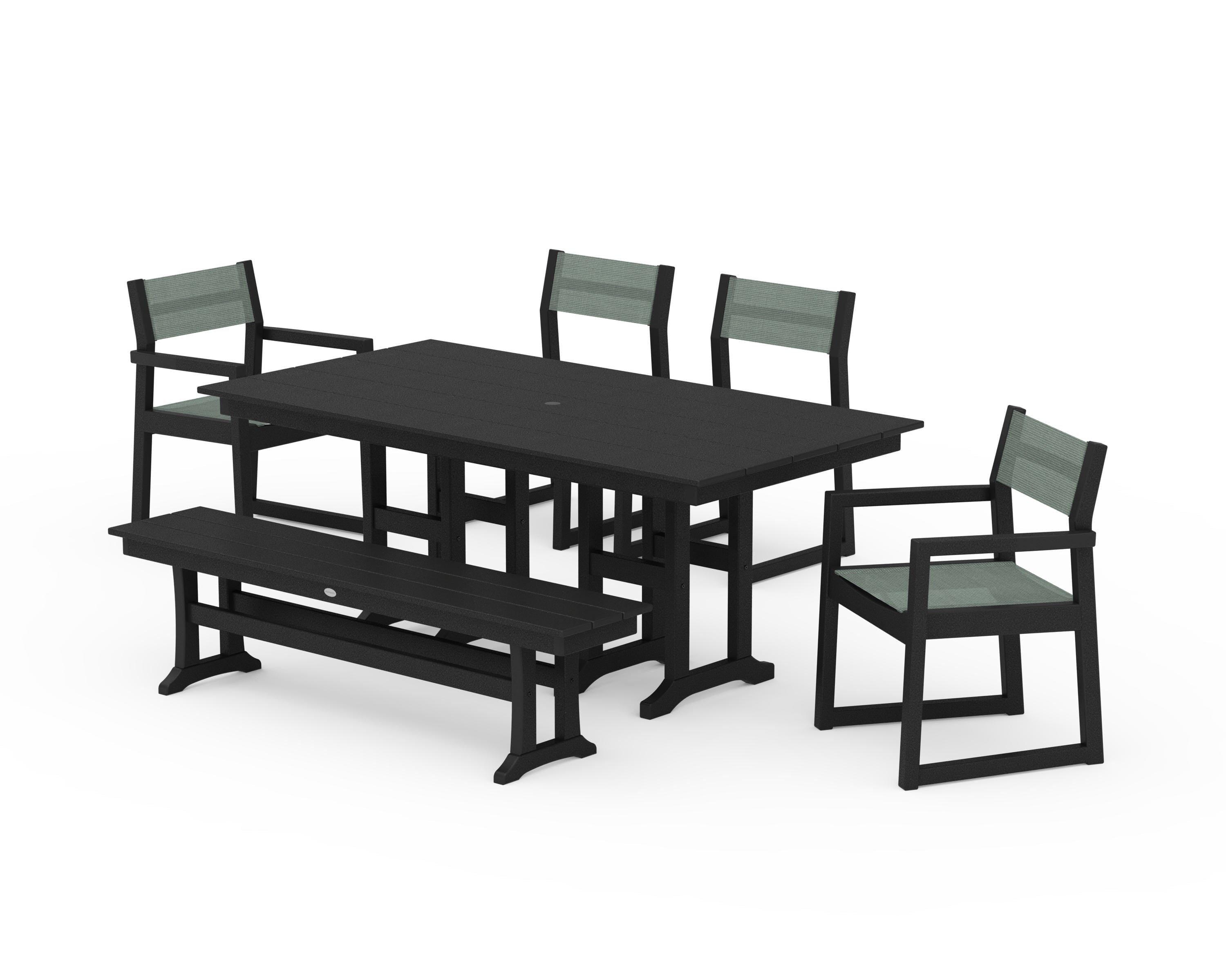 POLYWOOD® EDGE Sling 6-Piece Farmhouse Dining Set in Black / Dupioni Sea Mist Sling