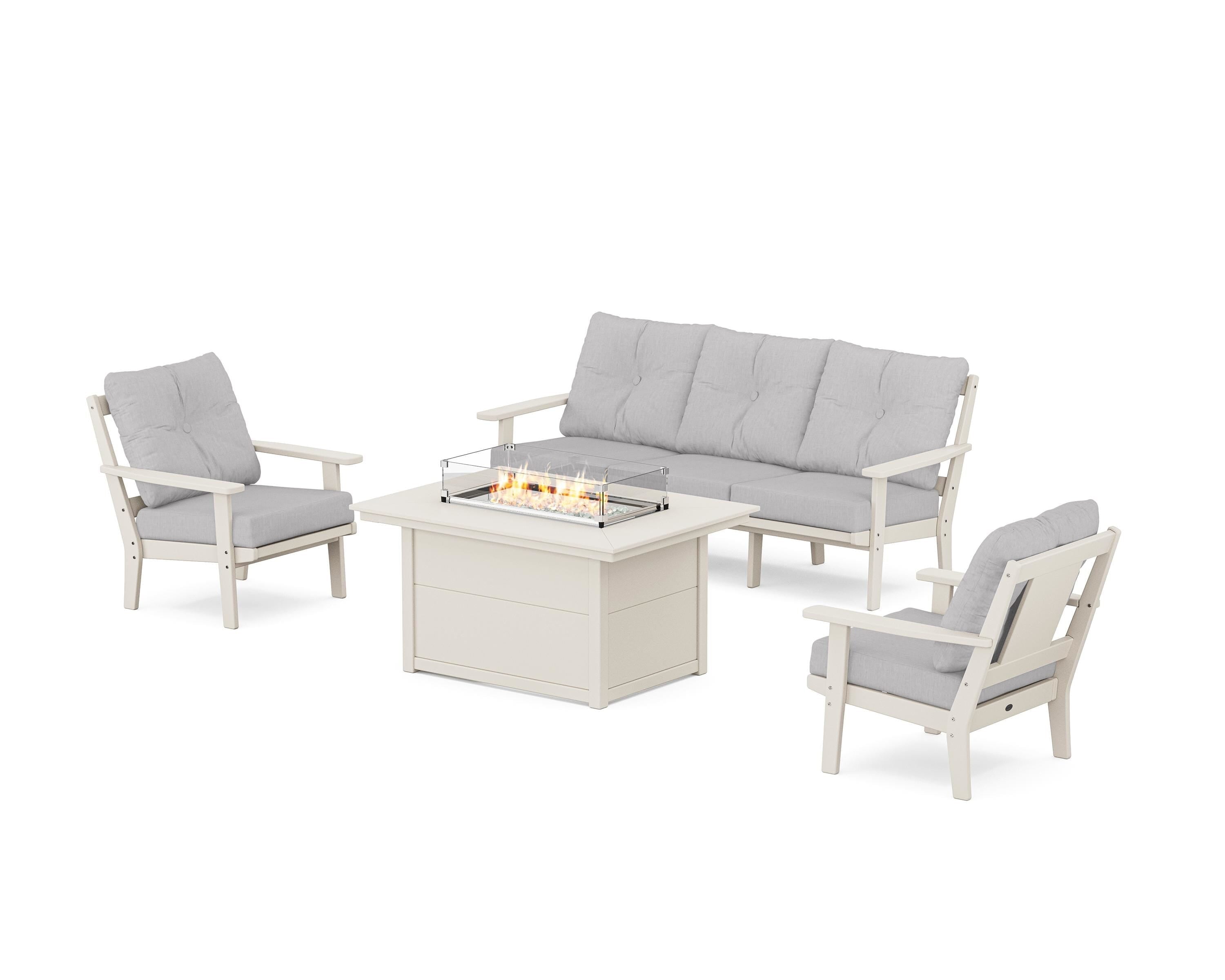 POLYWOOD® Prairie Deep Seating Fire Pit Table Set in Sand / Granite