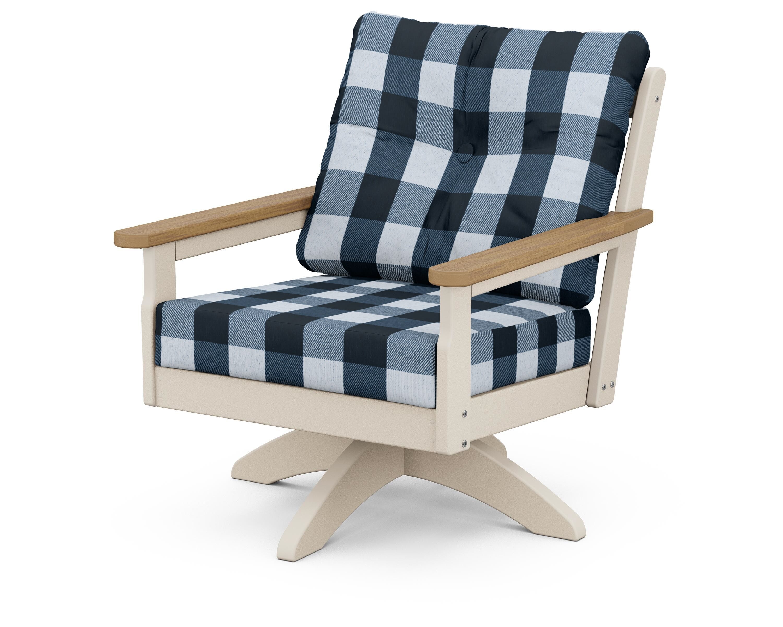POLYWOOD® Vineyard Deep Seating Swivel Chair in Sand / Natural / Buffalo Plaid Marine Indigo
