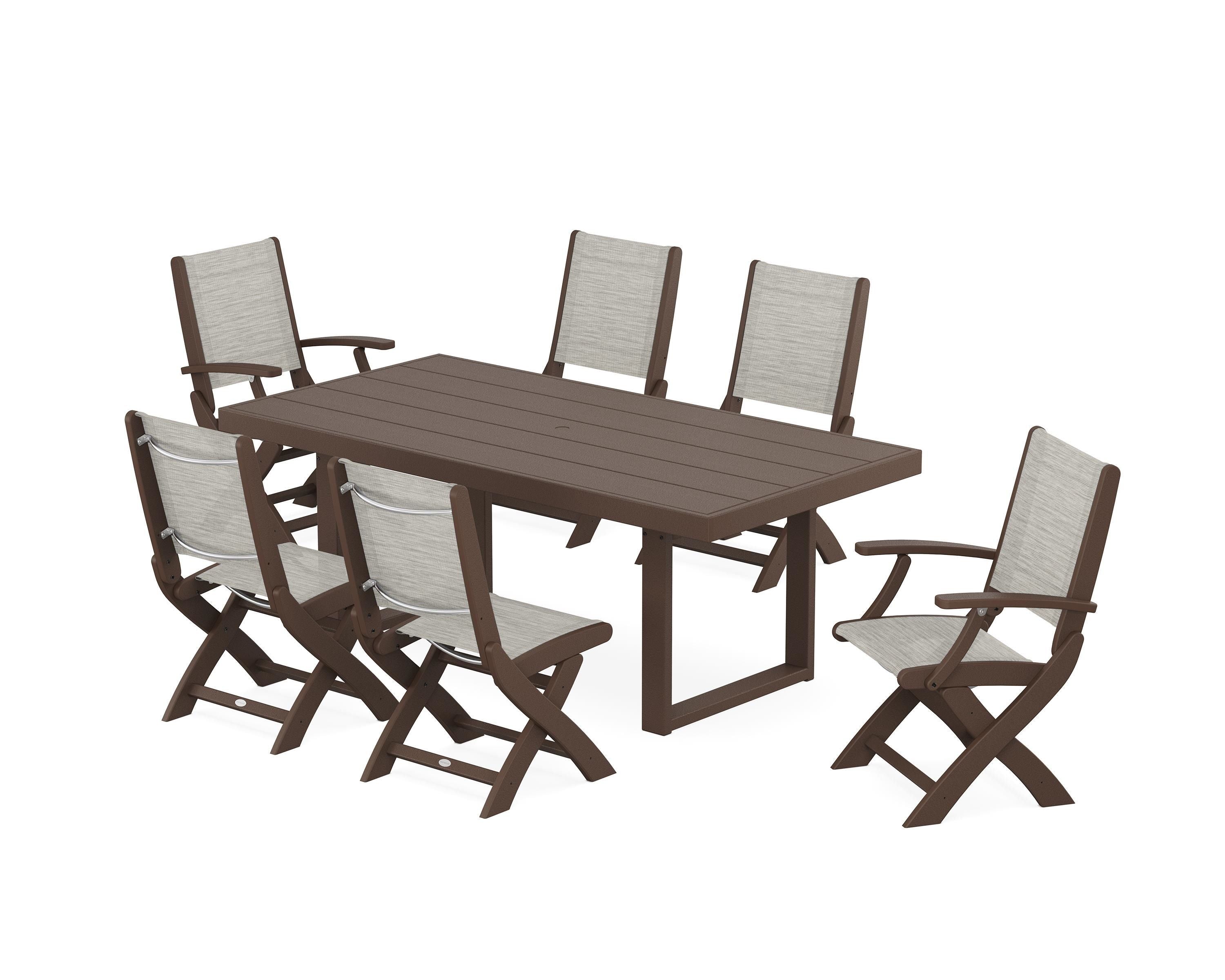 POLYWOOD® Coastal Folding Chair 7-Piece Dining Set with Trestle Legs in Mahogany / Birch Sling