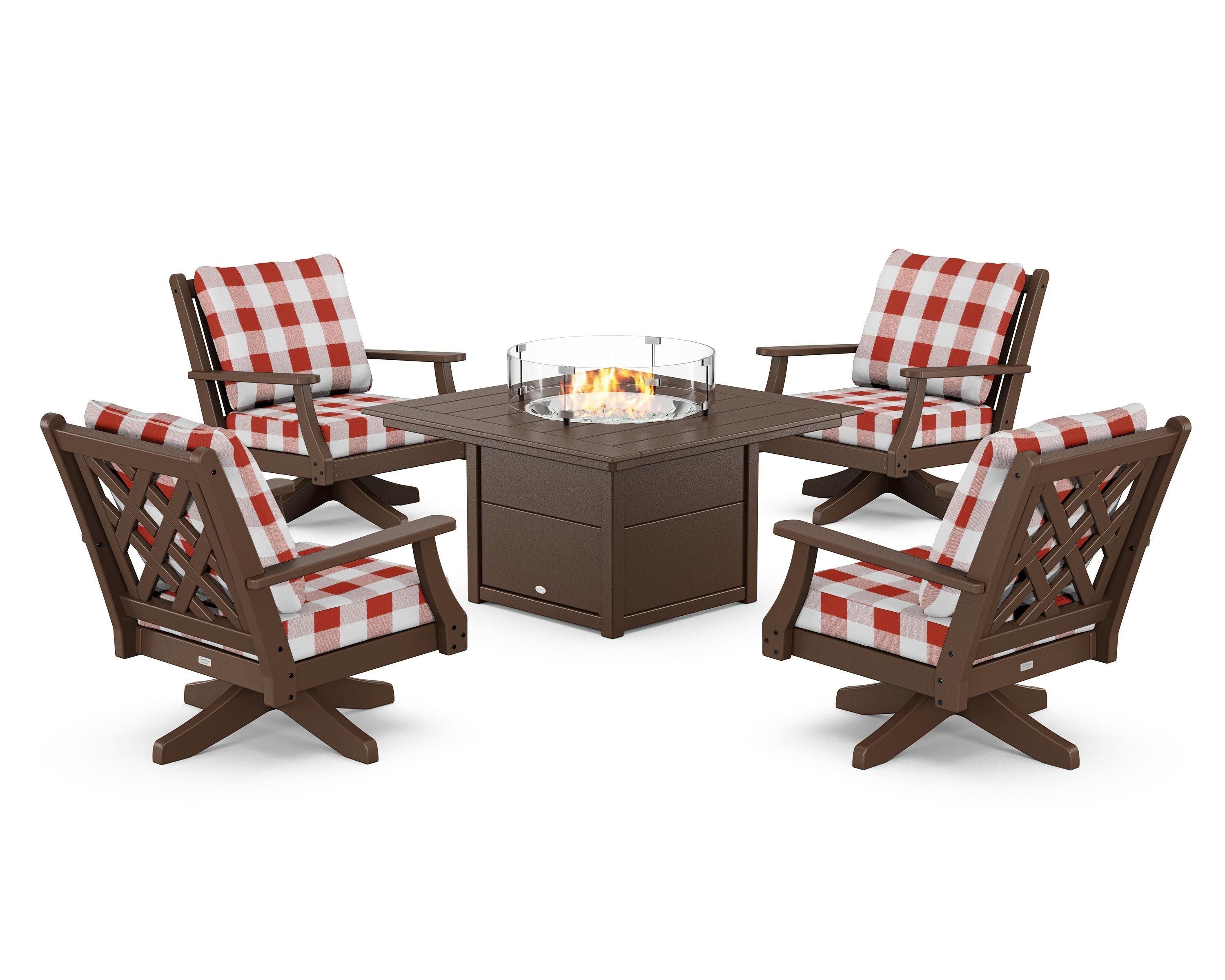 Country Living Wovendale 5-Piece Deep Seating Swivel Conversation Set with Fire Pit Table in Mahogany / Buffalo Plaid Crimson