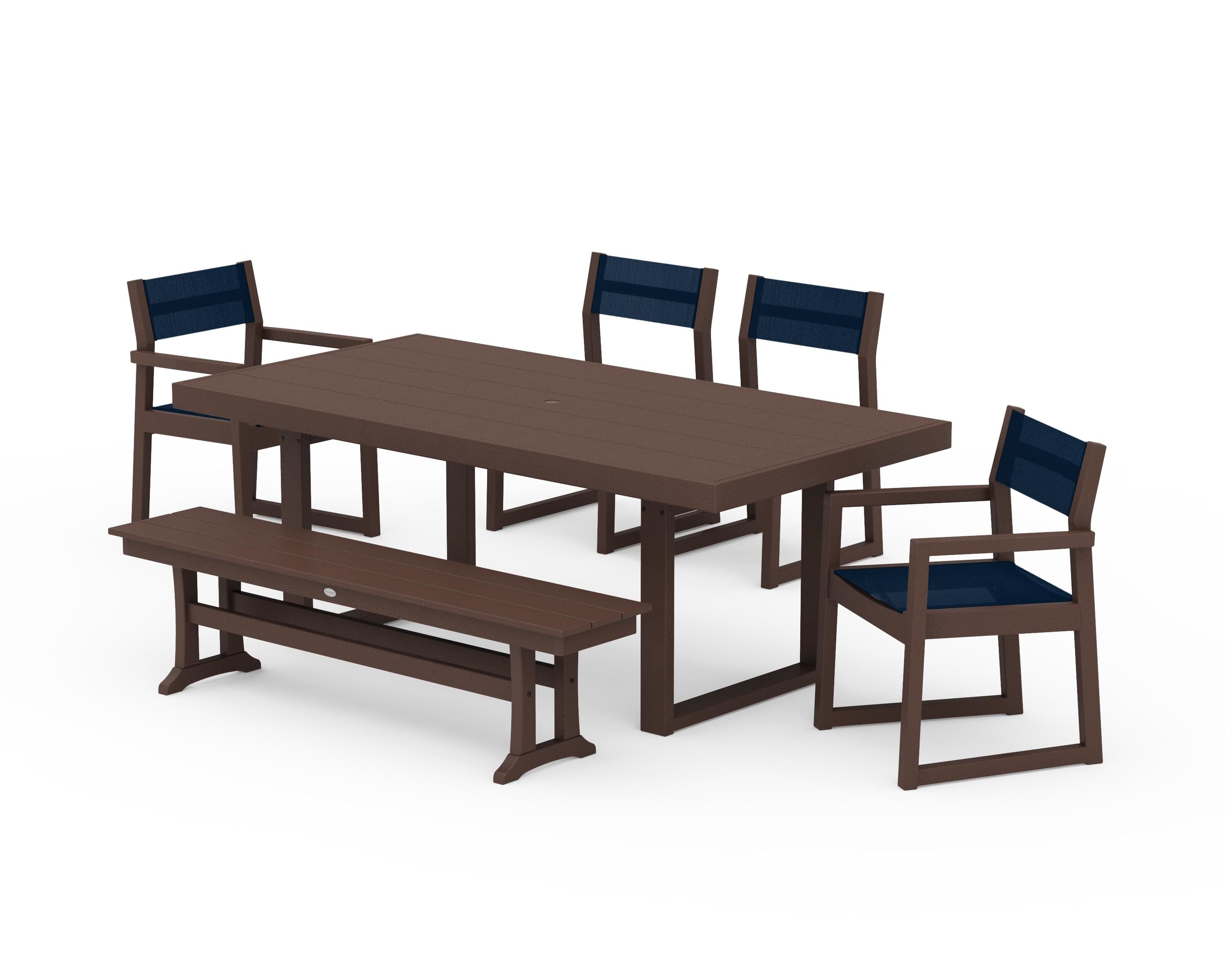 POLYWOOD® EDGE Sling 6-Piece Dining Set with Bench in Mahogany / Navy Blue Sling