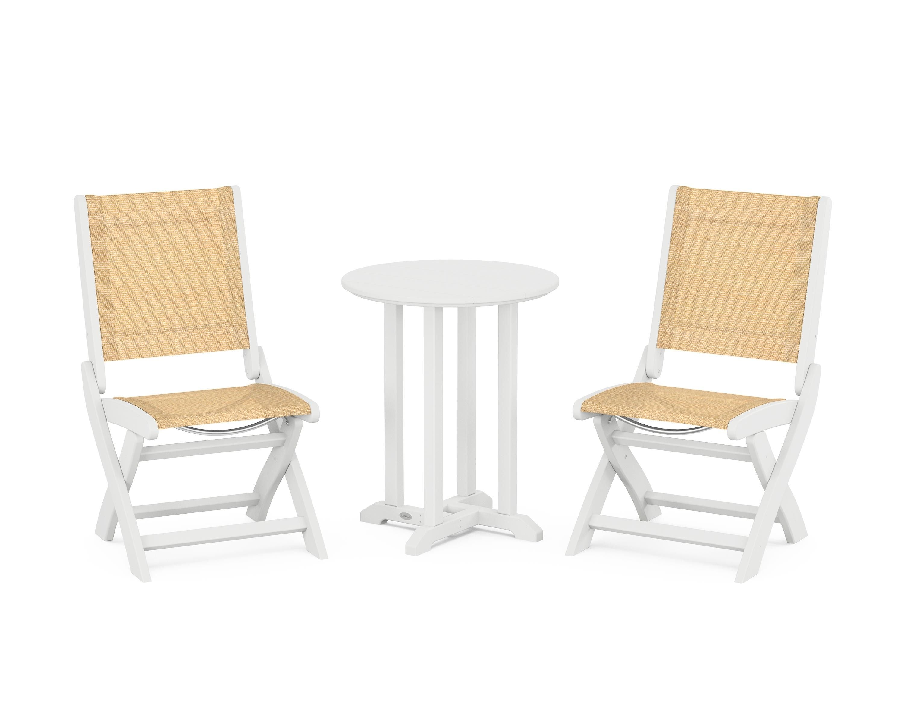 POLYWOOD® Coastal Folding Side Chair 3-Piece Round Bistro Dining Set in White / Dupioni Apricot Sling