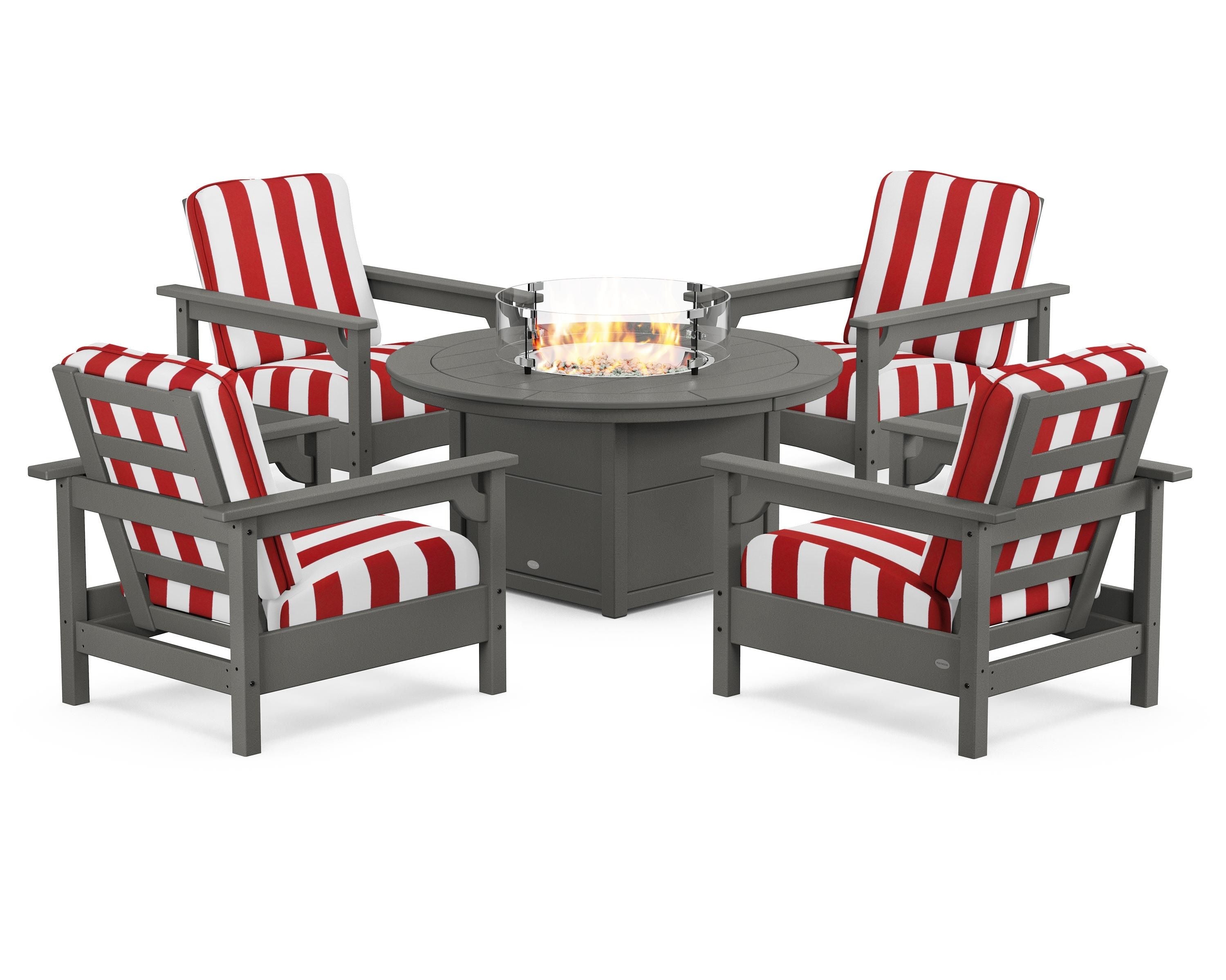 POLYWOOD® Club 5-Piece Conversation Set with Fire Pit Table in Slate Grey / Cabana Stripe Crimson