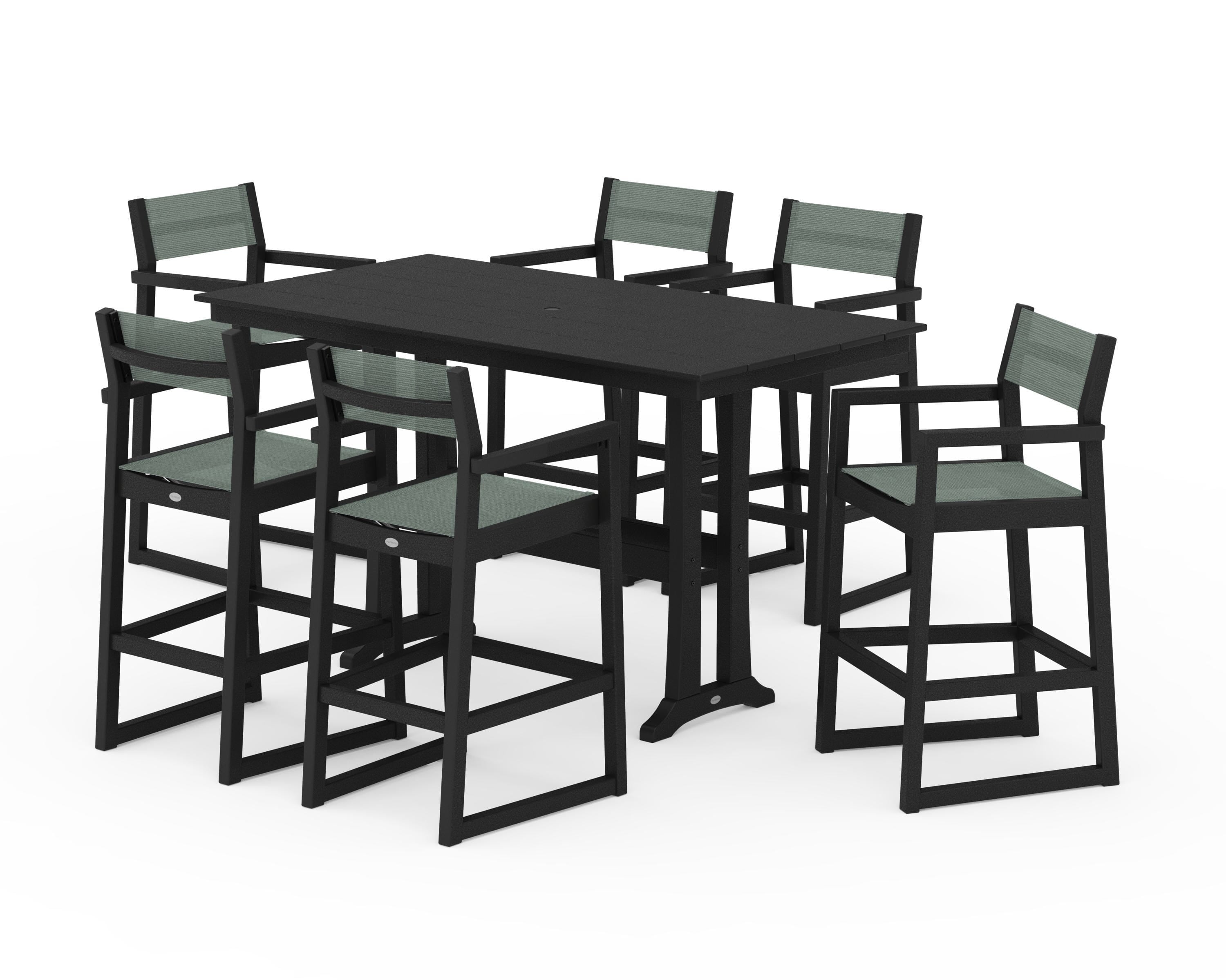 POLYWOOD® EDGE Sling Arm Chair 7-Piece Farmhouse Bar Set with Trestle Legs in Black / Dupioni Sea Mist Sling