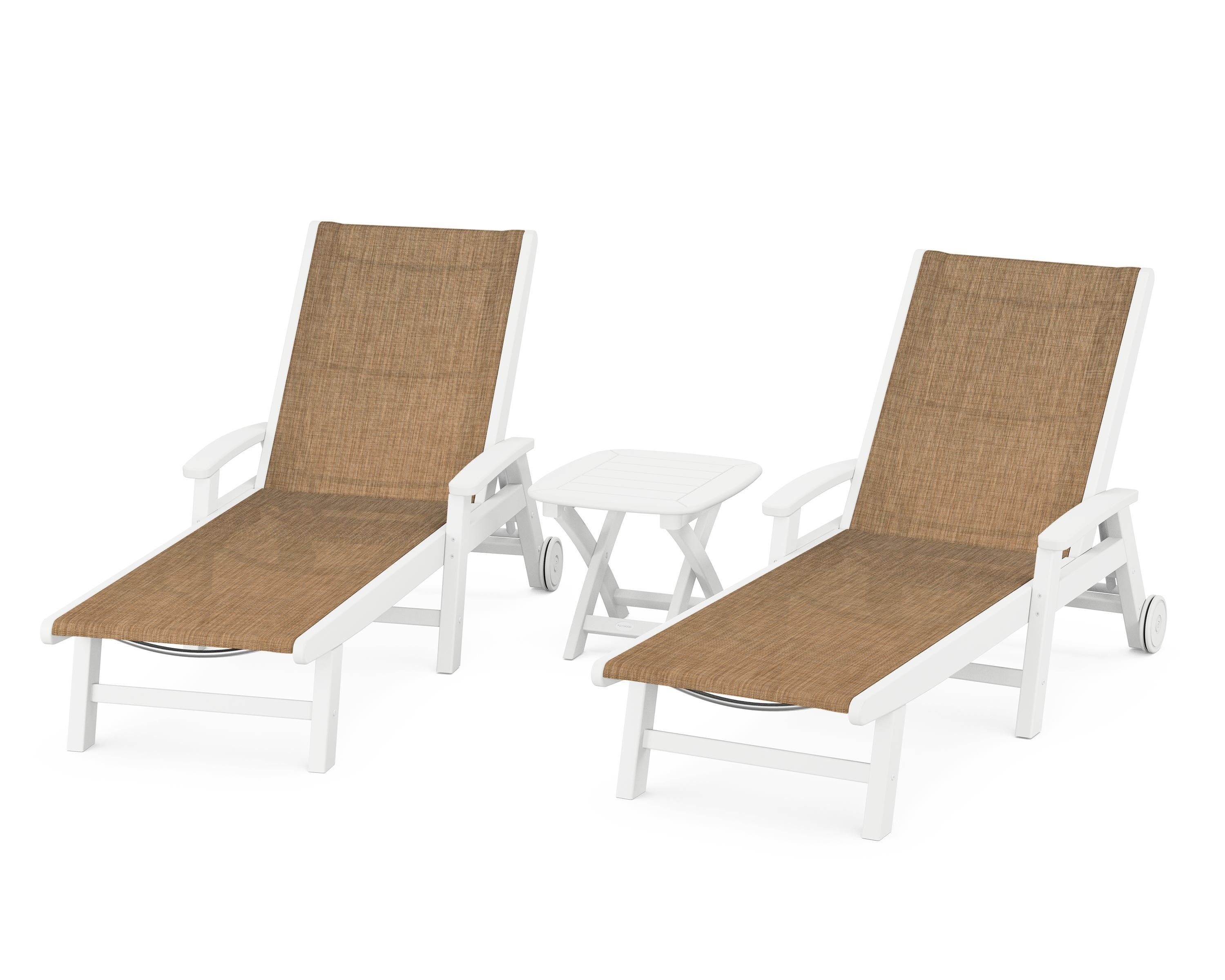 POLYWOOD® Coastal 3-Piece Wheeled Chaise Set in White / Burlap Sling