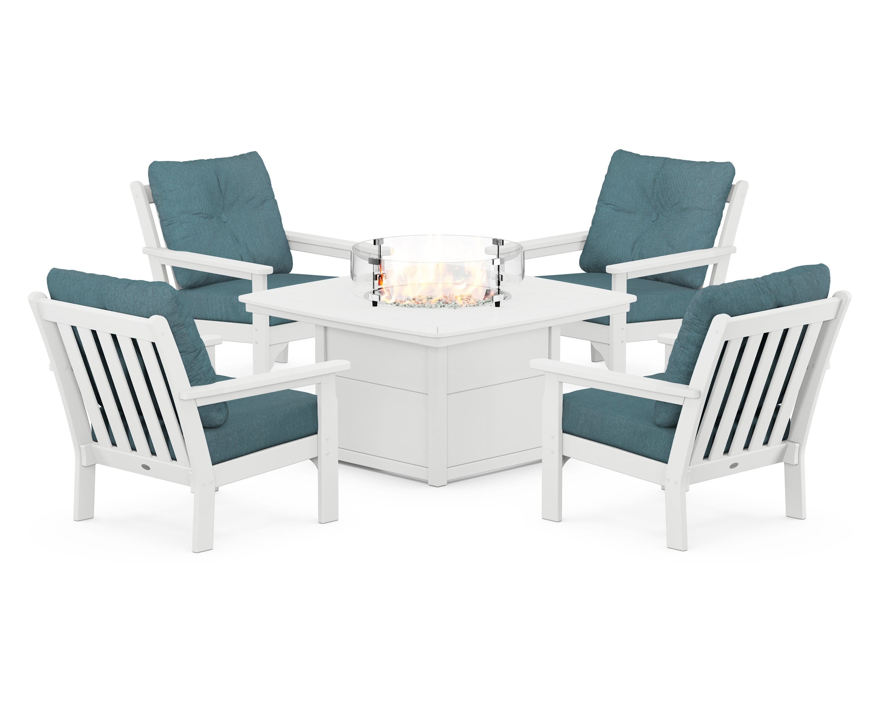 POLYWOOD® Vineyard 5-Piece Conversation Set with Fire Pit Table in White / Ocean Teal
