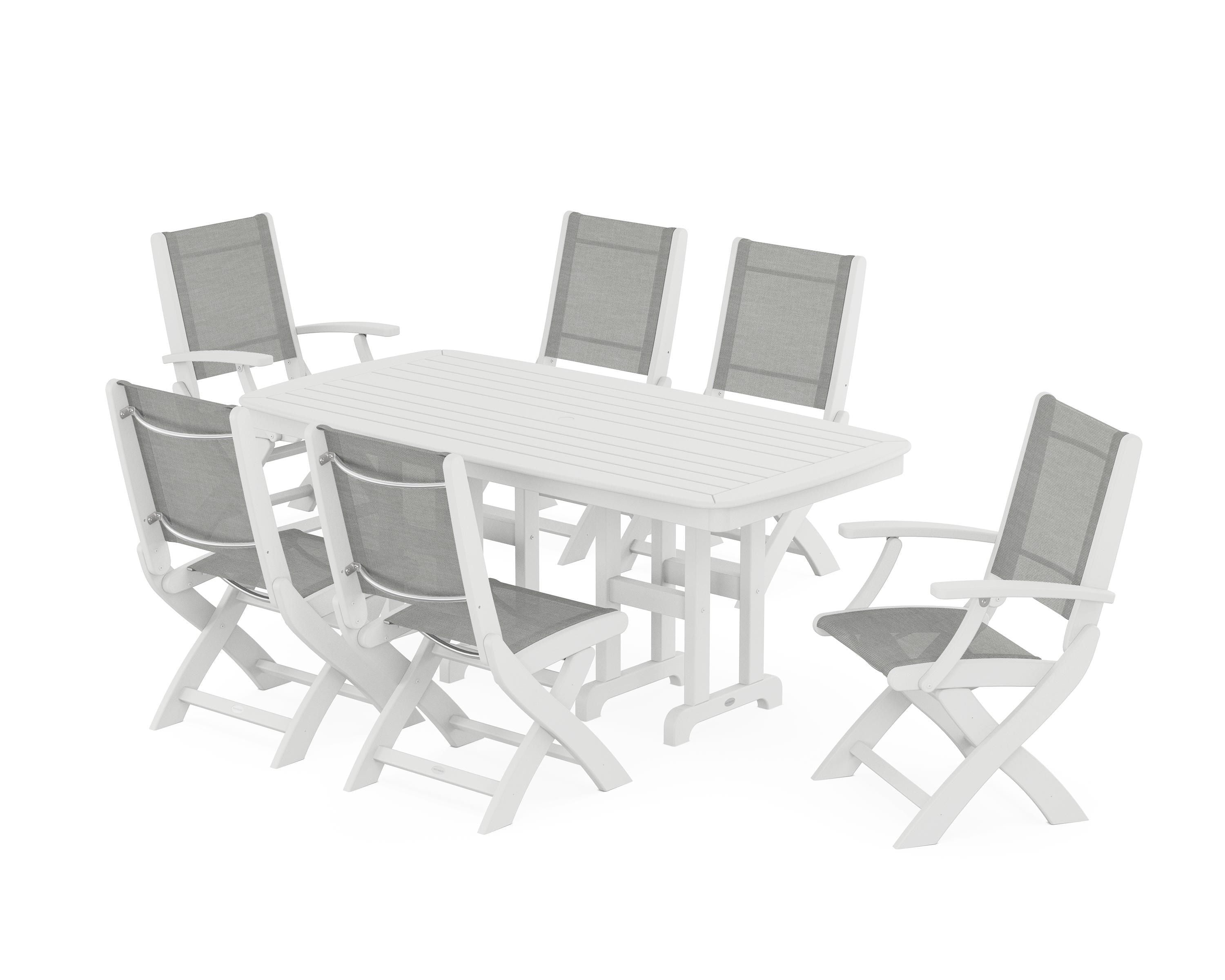 POLYWOOD® Coastal Folding Chair 7-Piece Dining Set in White / Metallic Sling