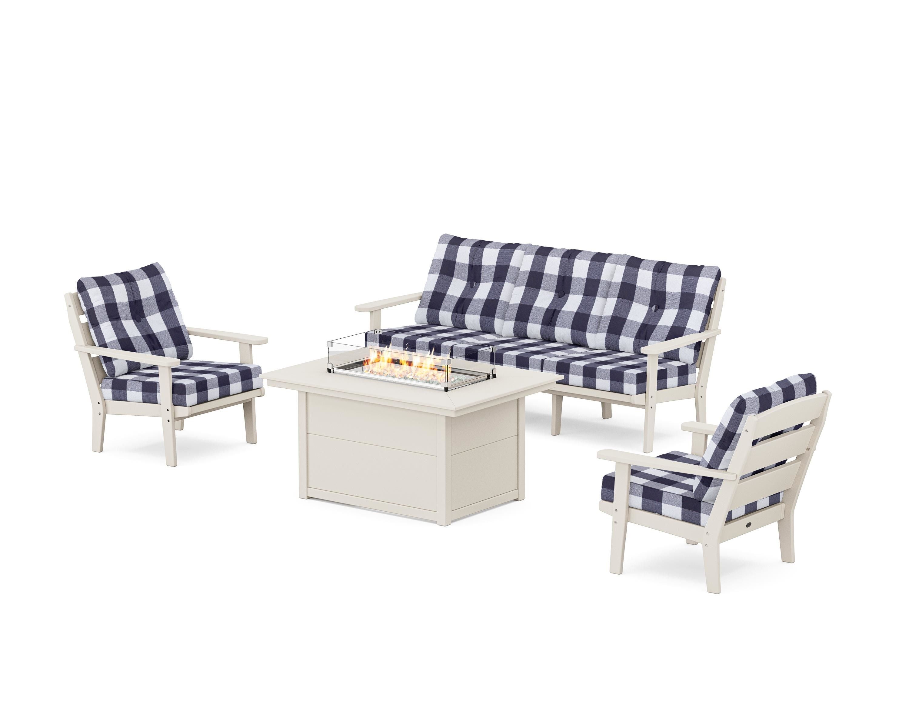 POLYWOOD® Lakeside Deep Seating Fire Pit Table Set in Sand / Buffalo Plaid Navy
