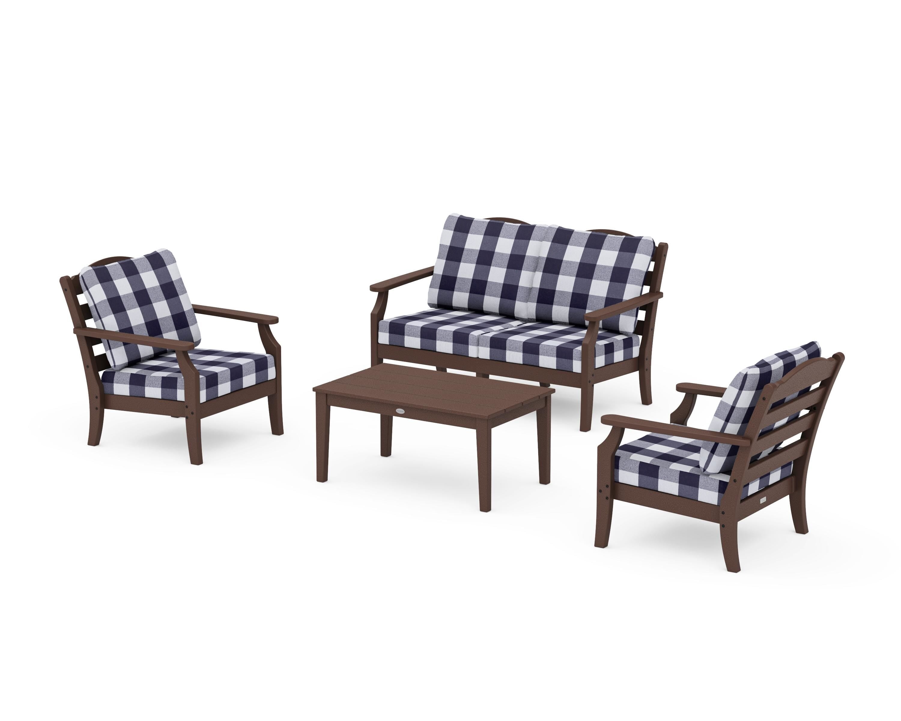 Draper James™ by POLYWOOD® Savannah 4-Piece Deep Seating Set with Loveseat in Mahogany / Buffalo Plaid Navy