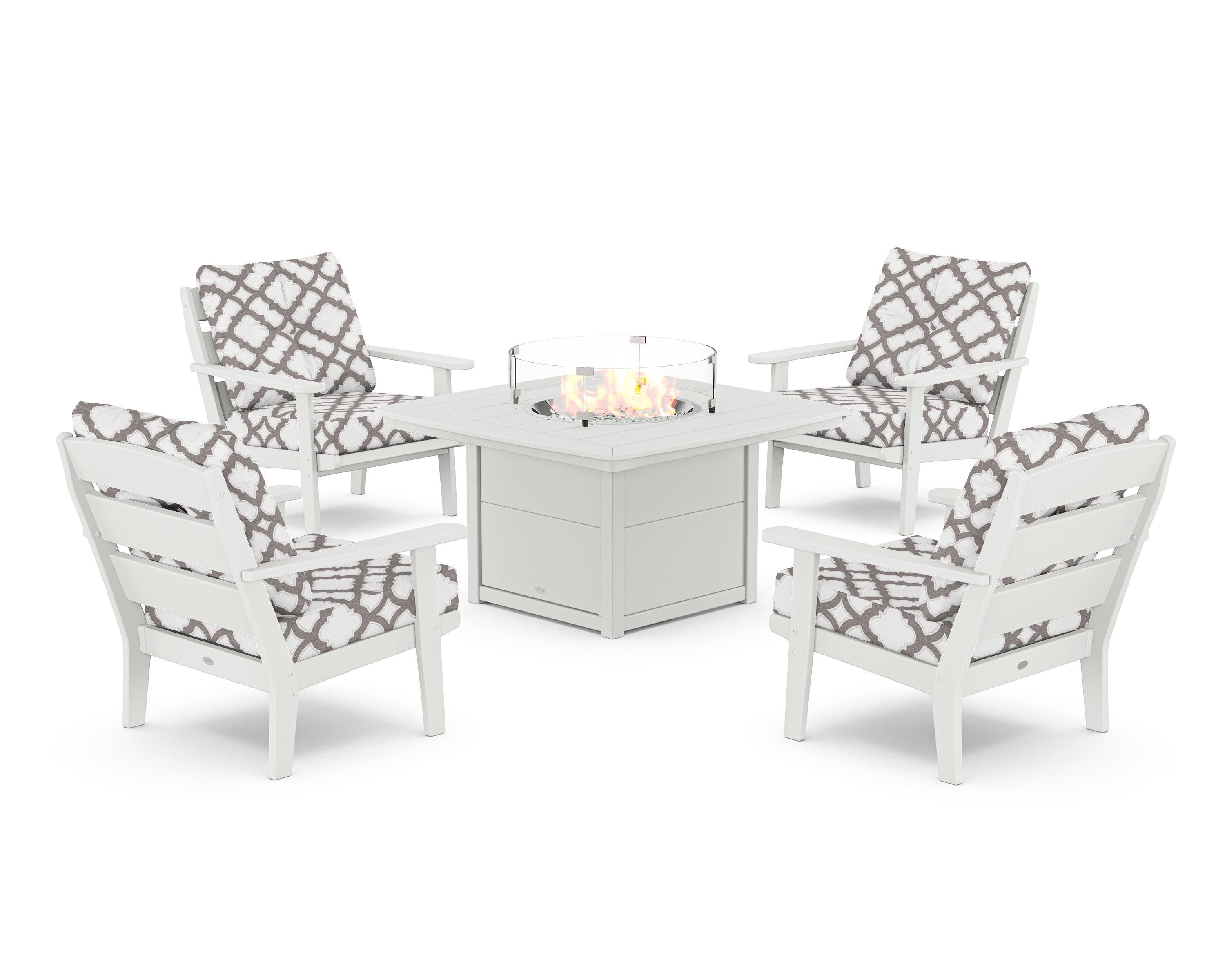POLYWOOD® Lakeside 5-Piece Deep Seating Set with Nautical Fire Pit Table in White / Trellis Grey Mist