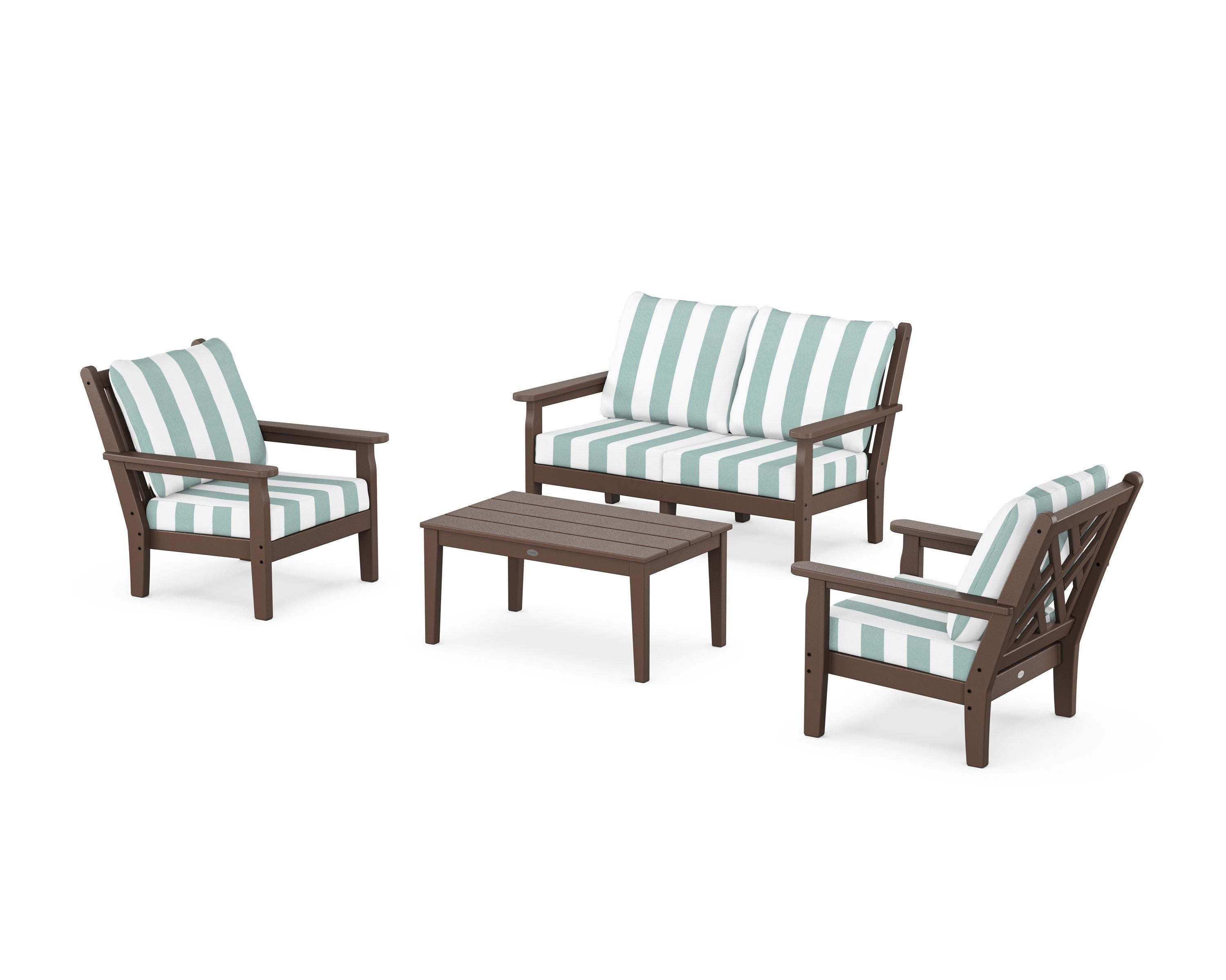 POLYWOOD® Chippendale 4-Piece Deep Seating Set with Loveseat in Mahogany / Cabana Stripe Glacier Spa