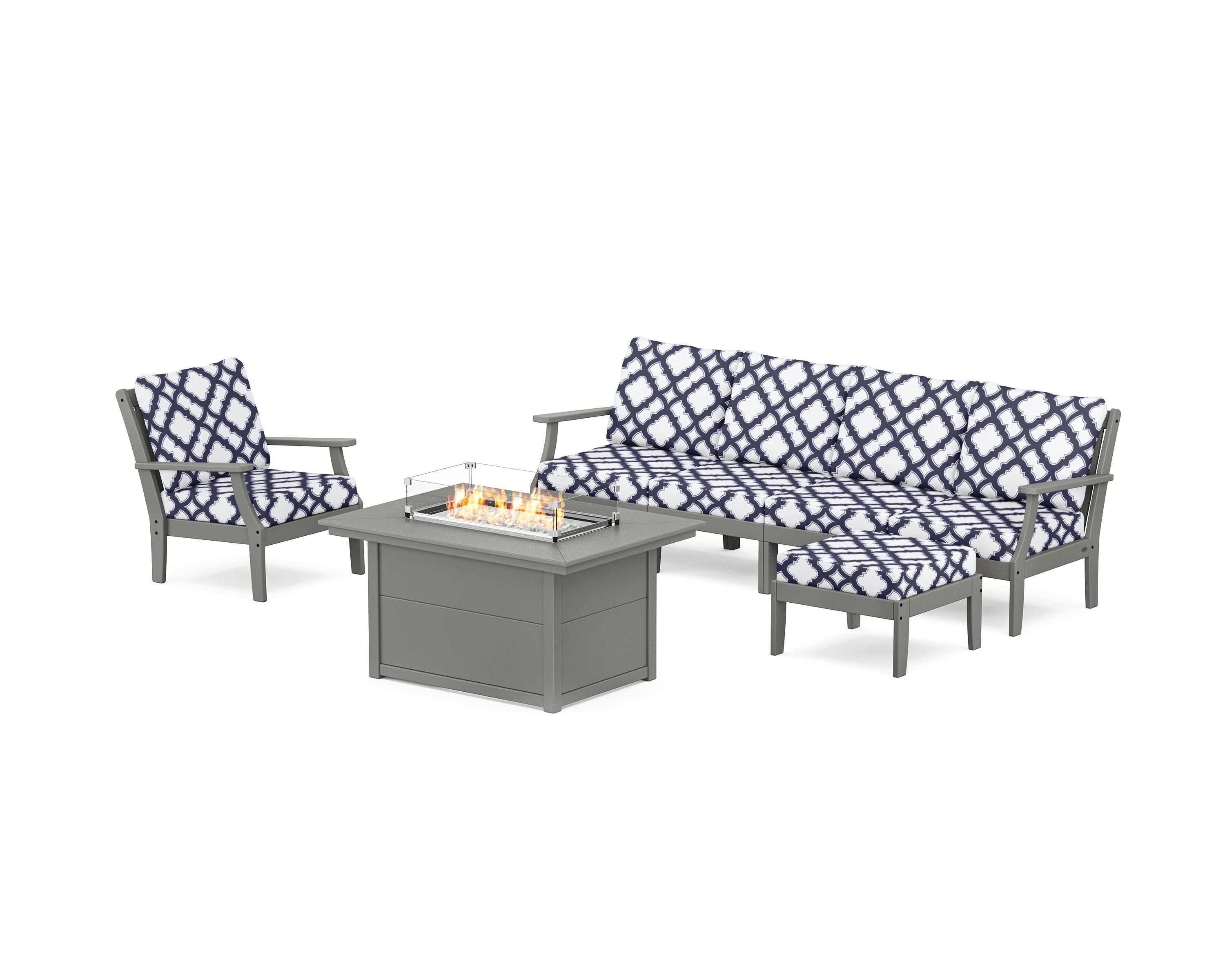 POLYWOOD® Braxton Sectional Lounge and Fire Pit Set in Slate Grey / Trellis Navy