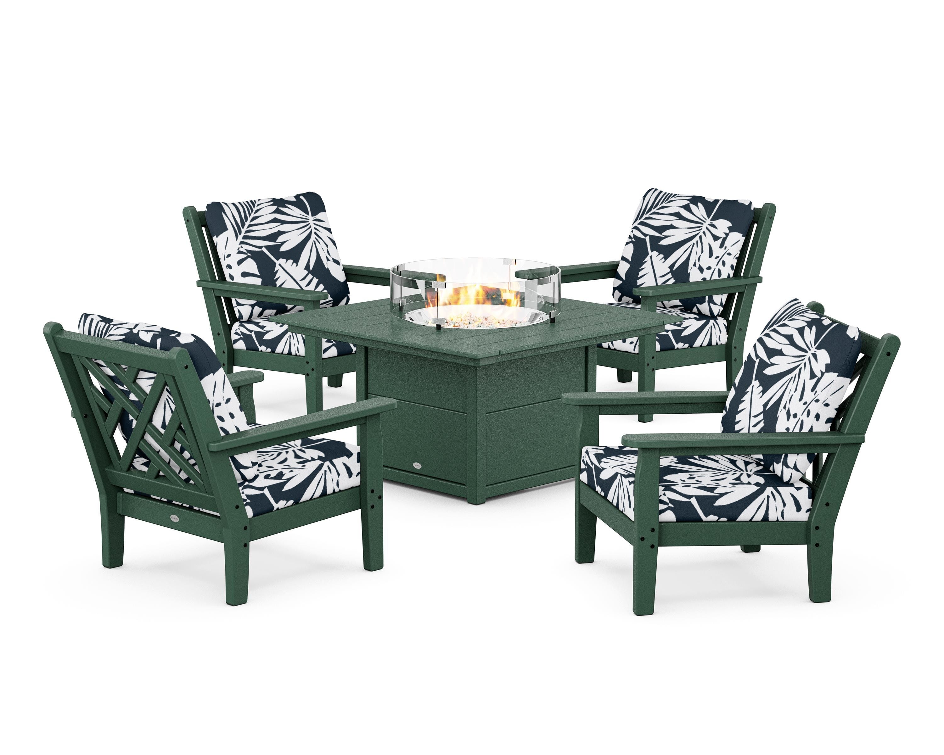 POLYWOOD® Chippendale 5-Piece Deep Seating Set with Fire Pit Table in Green / Leaf Marine Indigo