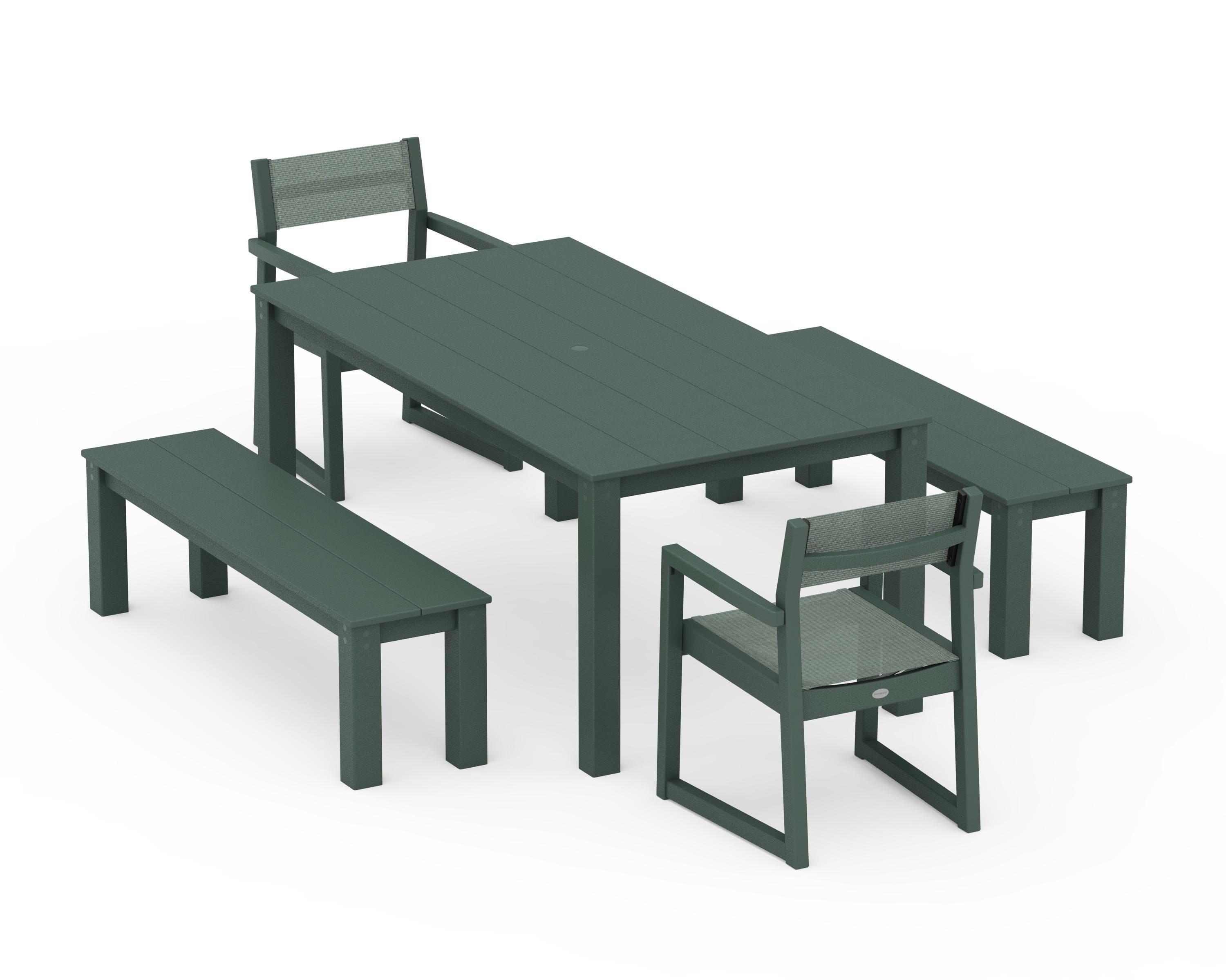 POLYWOOD® EDGE Sling Arm Chair 5-Piece Parsons Dining Set with Benches in Green / Dupioni Sea Mist Sling