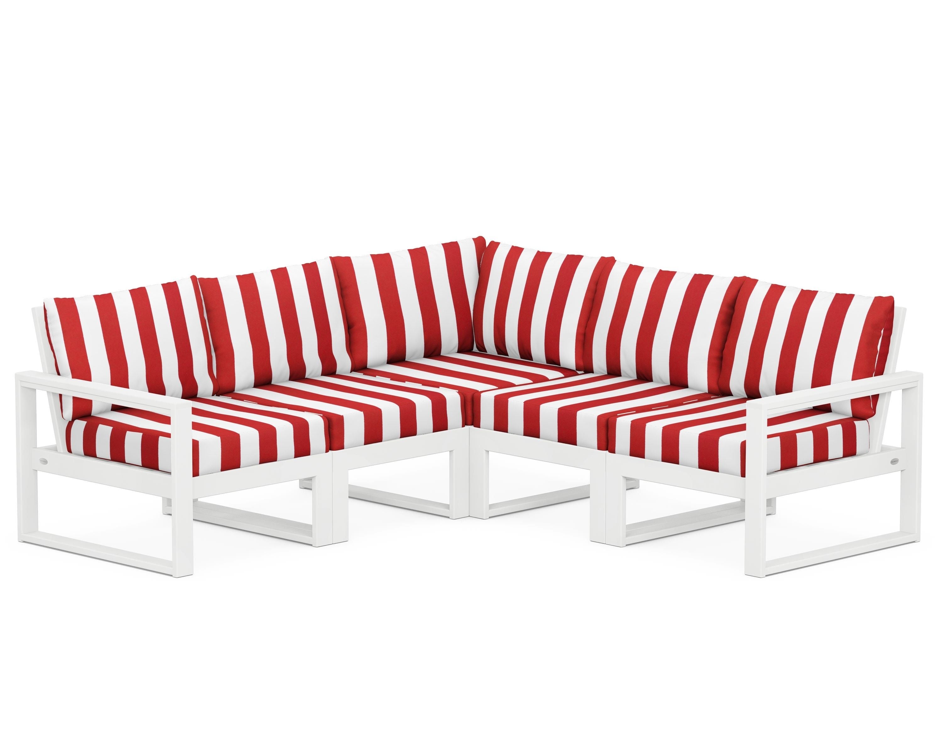 POLYWOOD® EDGE 5-Piece Modular Deep Seating Set in White / Cabana Stripe Crimson