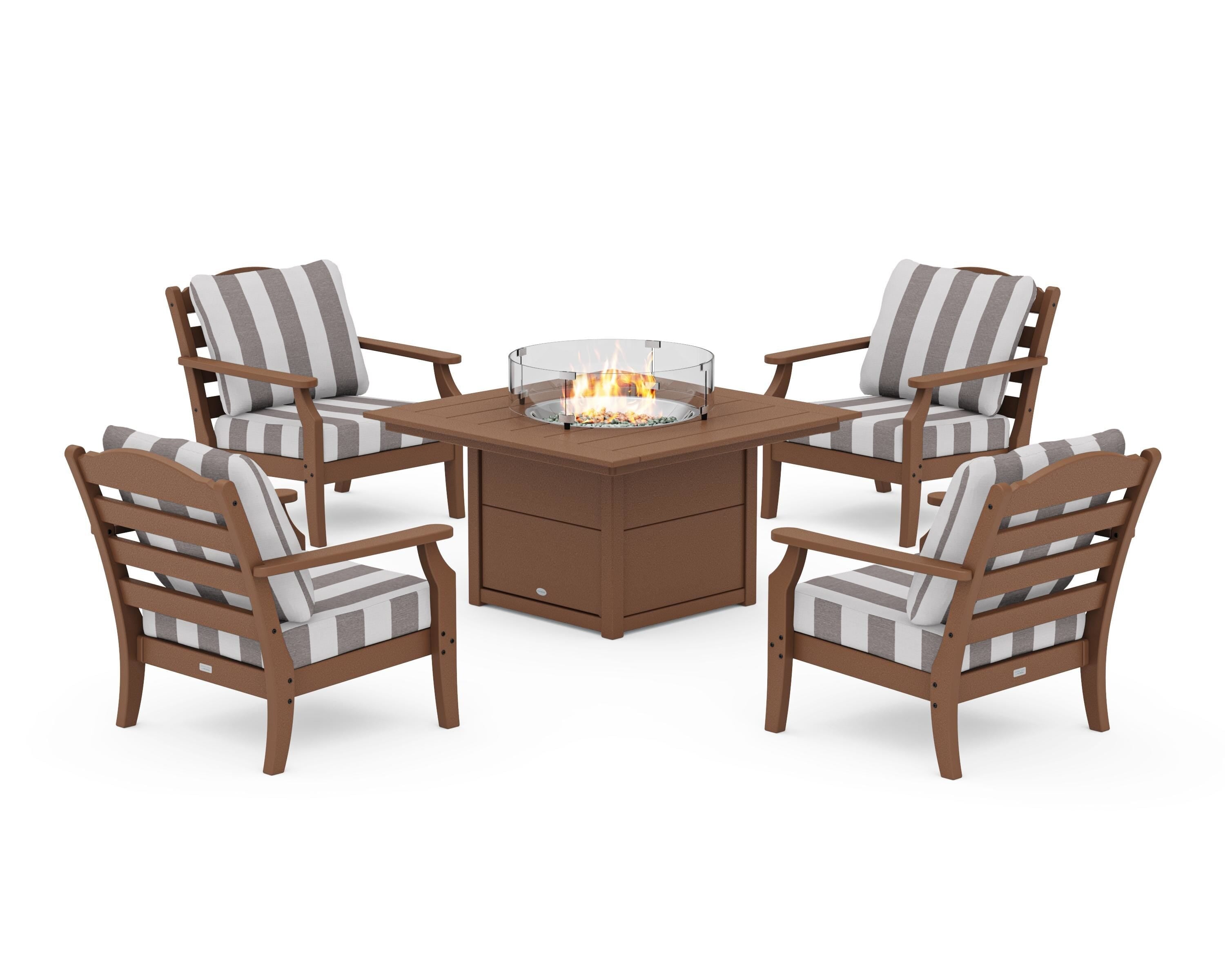 Draper James™ by POLYWOOD® Savannah 5-Piece Deep Seating Set with Fire Pit Table in Teak / Cabana Stripe Grey Mist