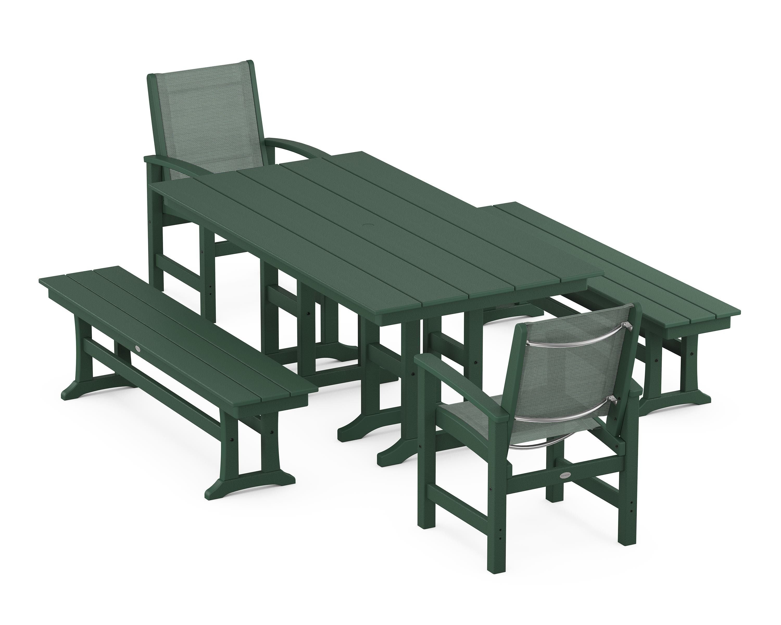 POLYWOOD® Coastal 5-Piece Farmhouse Dining Set in Green / Dupioni Sea Mist Sling