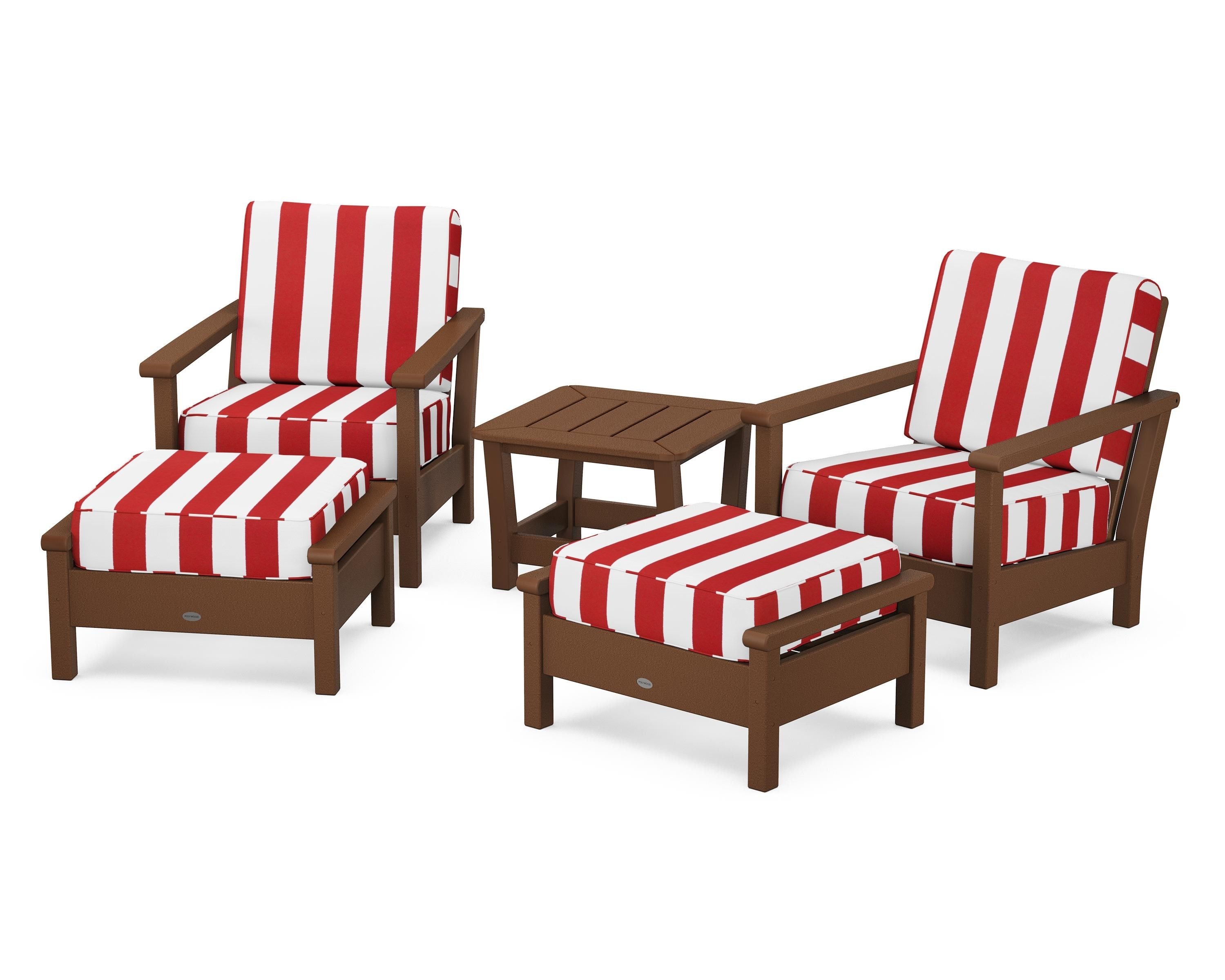 POLYWOOD® Harbour 5-Piece Deep Seating Chair Set in Teak / Cabana Stripe Crimson