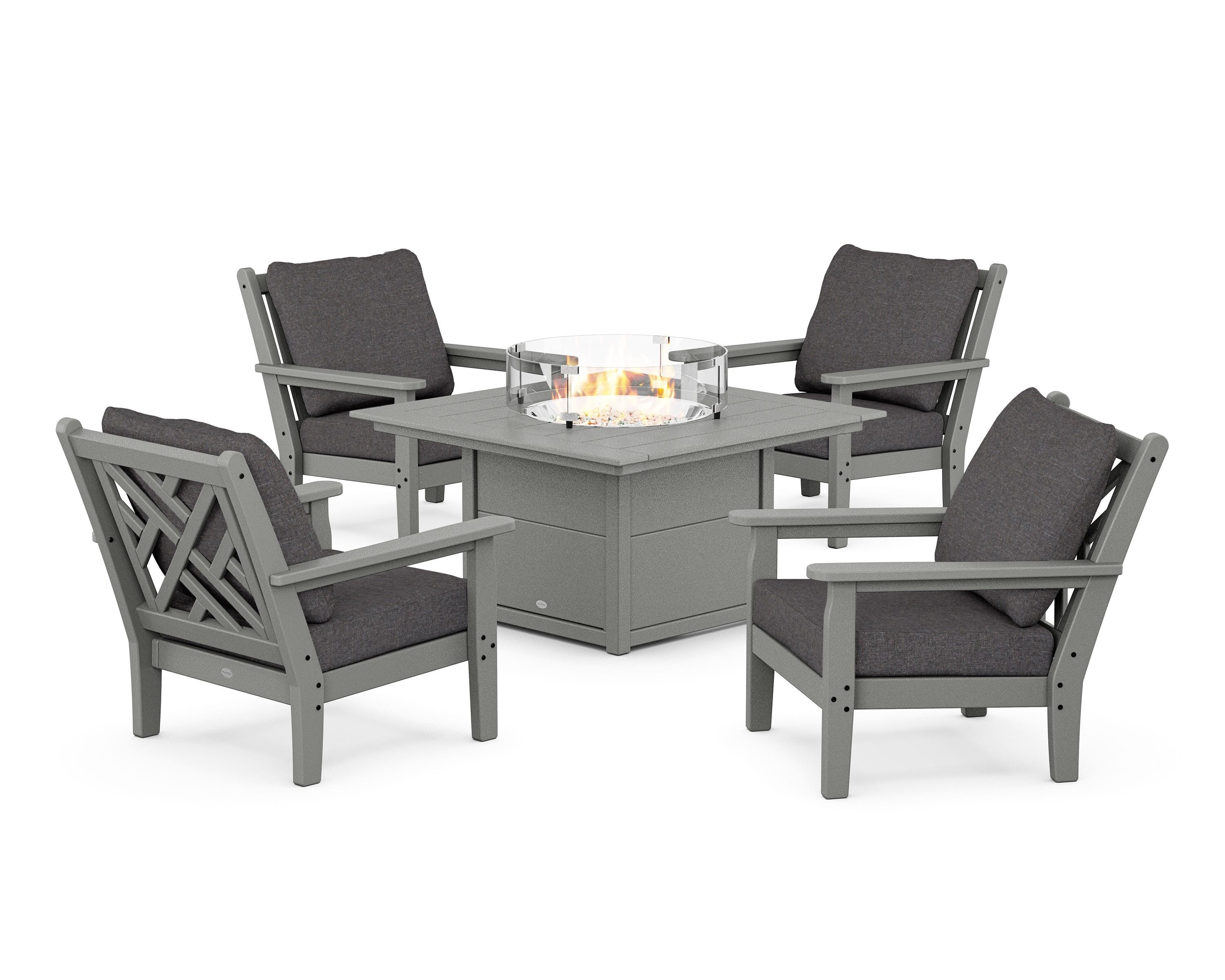 POLYWOOD® Chippendale 5-Piece Deep Seating Set with Fire Pit Table in Slate Grey / Ash Charcoal
