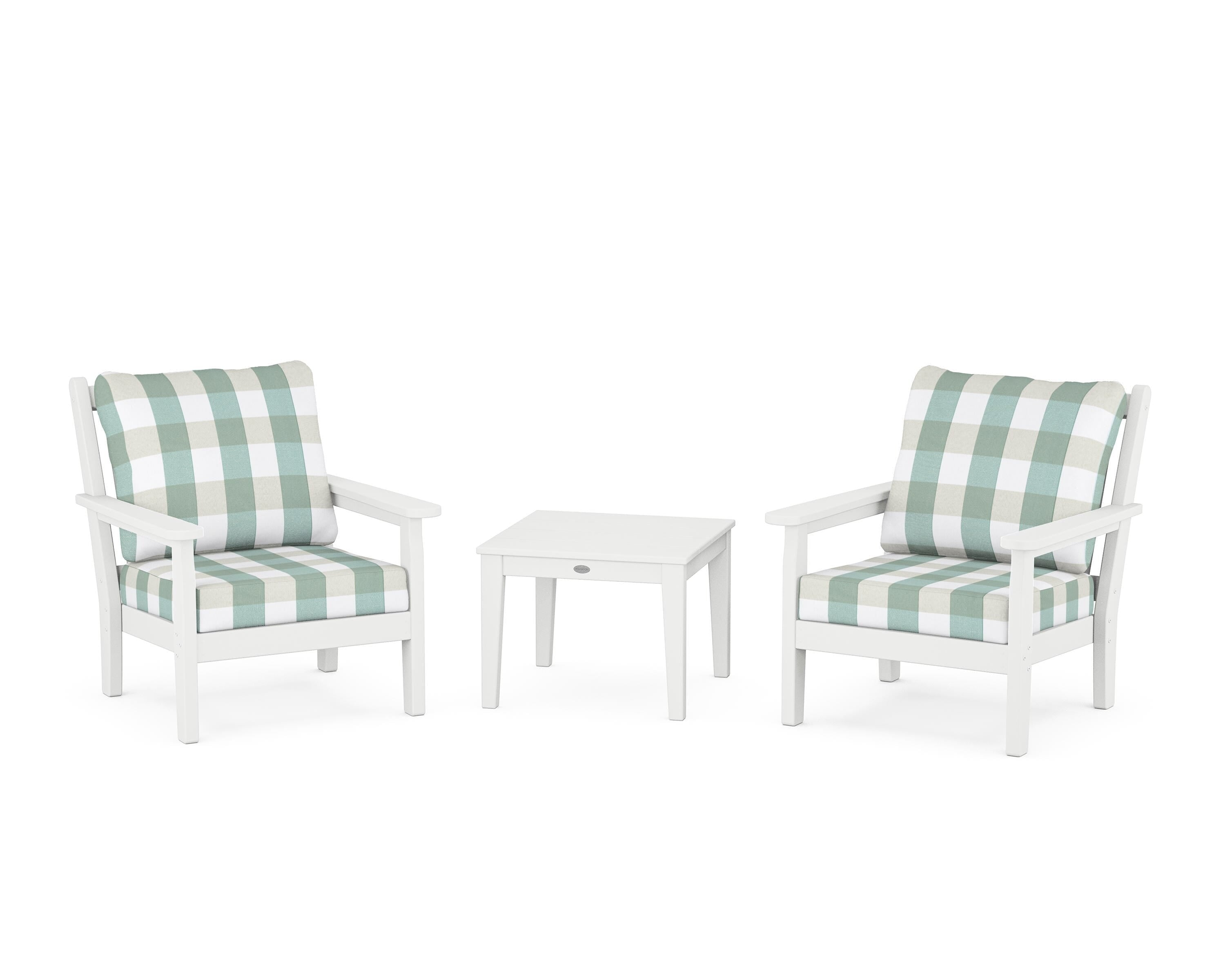 POLYWOOD® Chippendale 3-Piece Deep Seating Set in White / Buffalo Plaid Glacier Spa