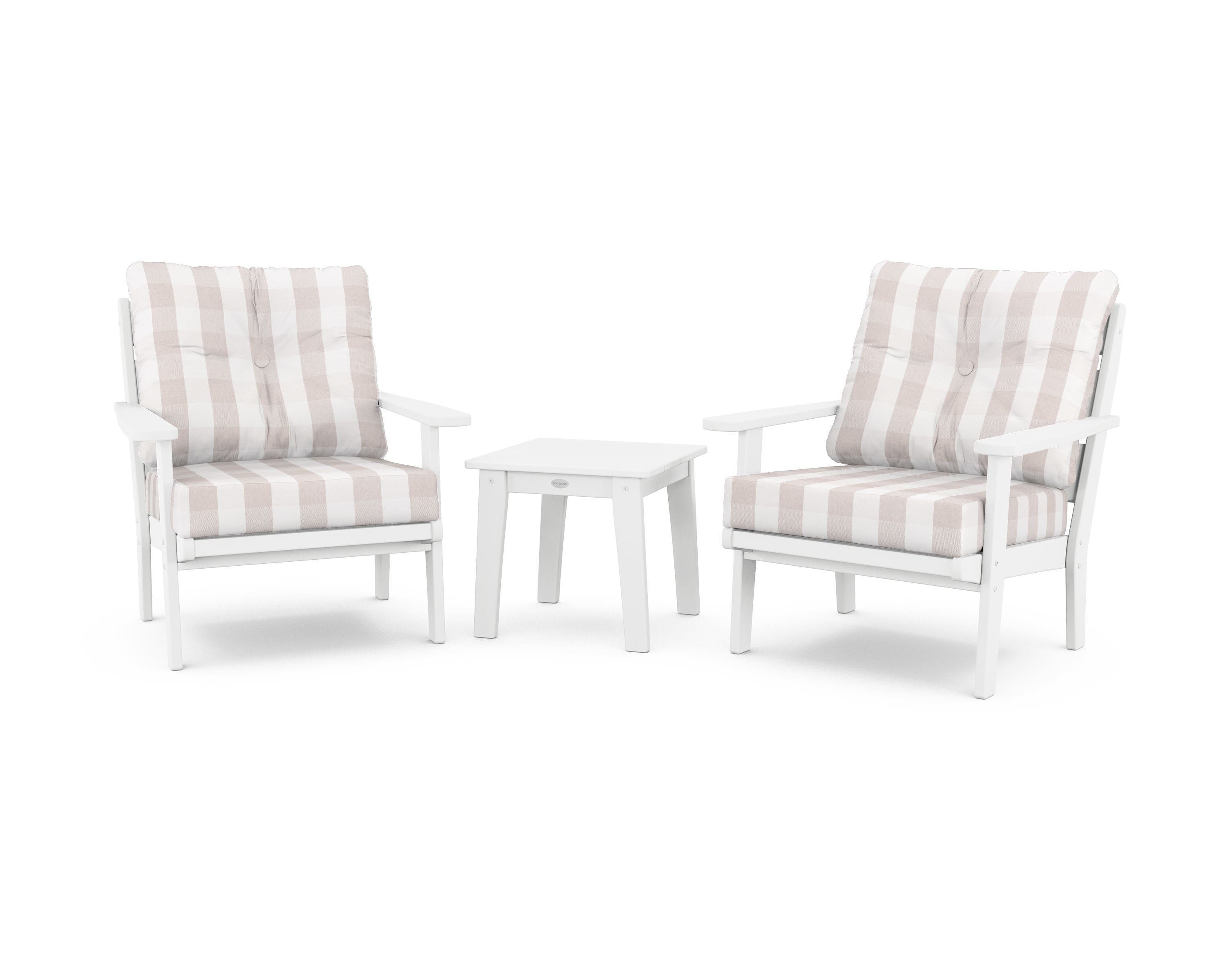POLYWOOD® Lakeside 3-Piece Deep Seating Chair Set in White / Buffalo Plaid Dune Burlap