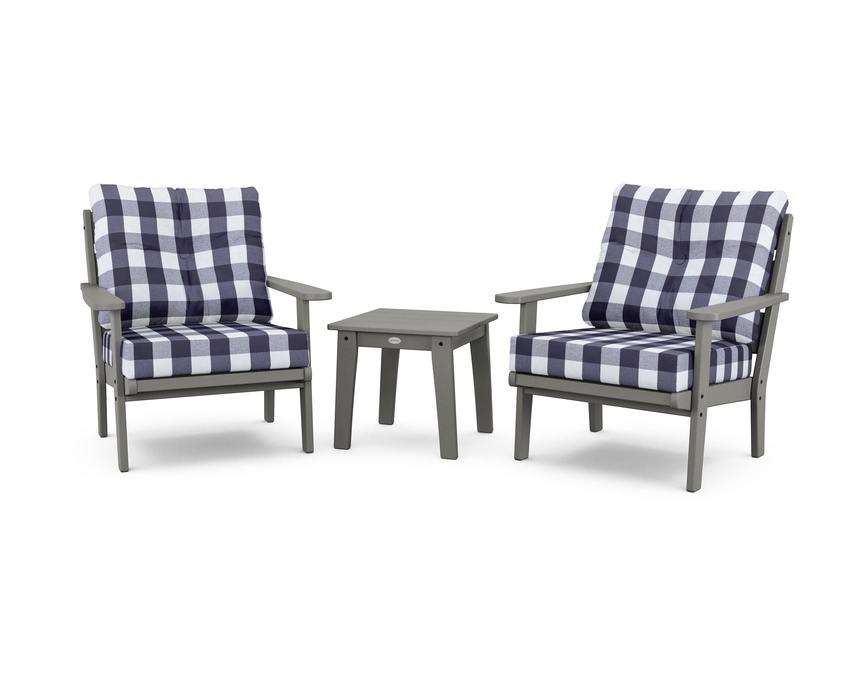 POLYWOOD® Lakeside 3-Piece Deep Seating Chair Set in Slate Grey / Buffalo Plaid Navy