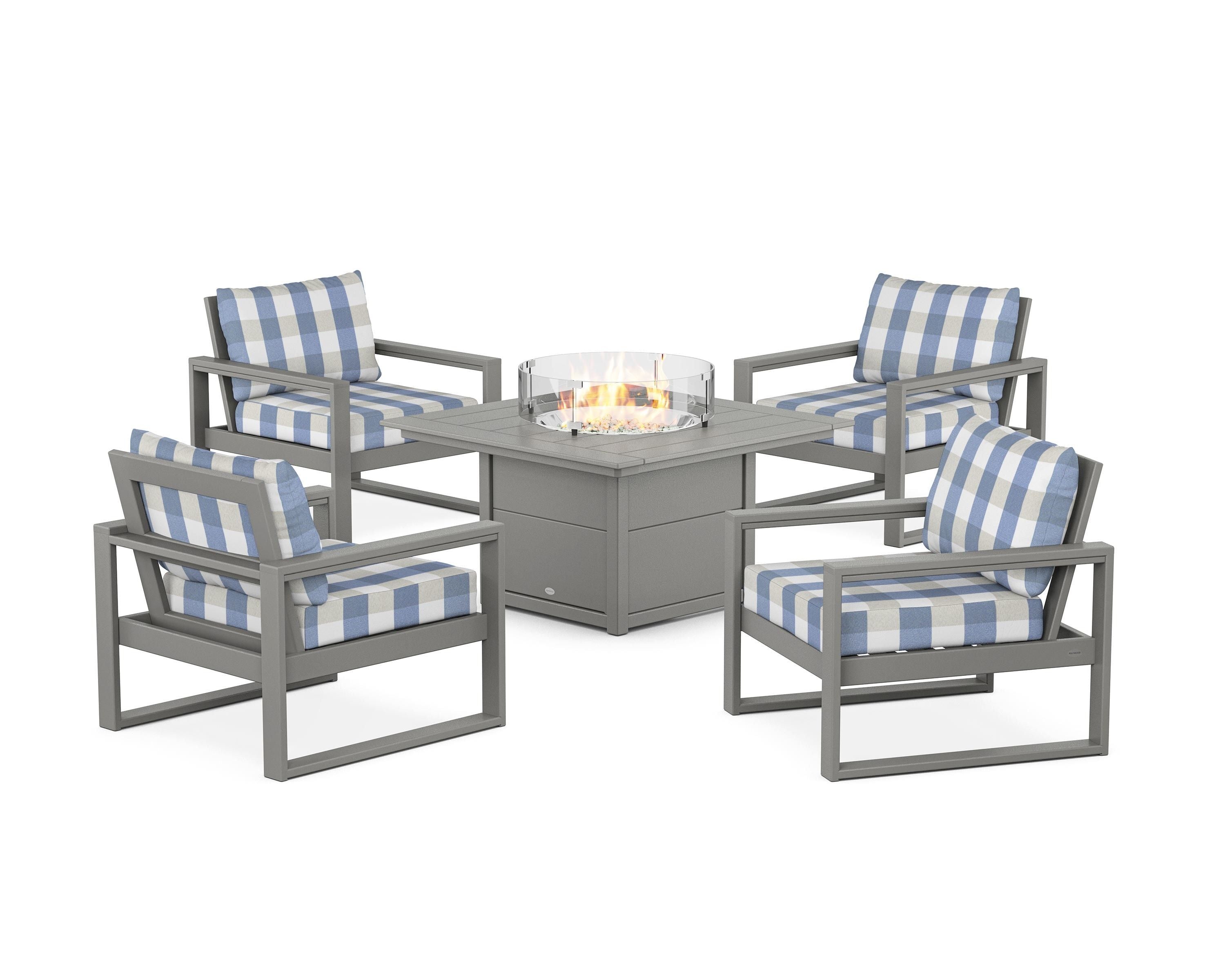 POLYWOOD® EDGE Sectional 5-Piece Deep Seating Set with Fire Pit Table in Slate Grey / Buffalo Plaid Sky Blue