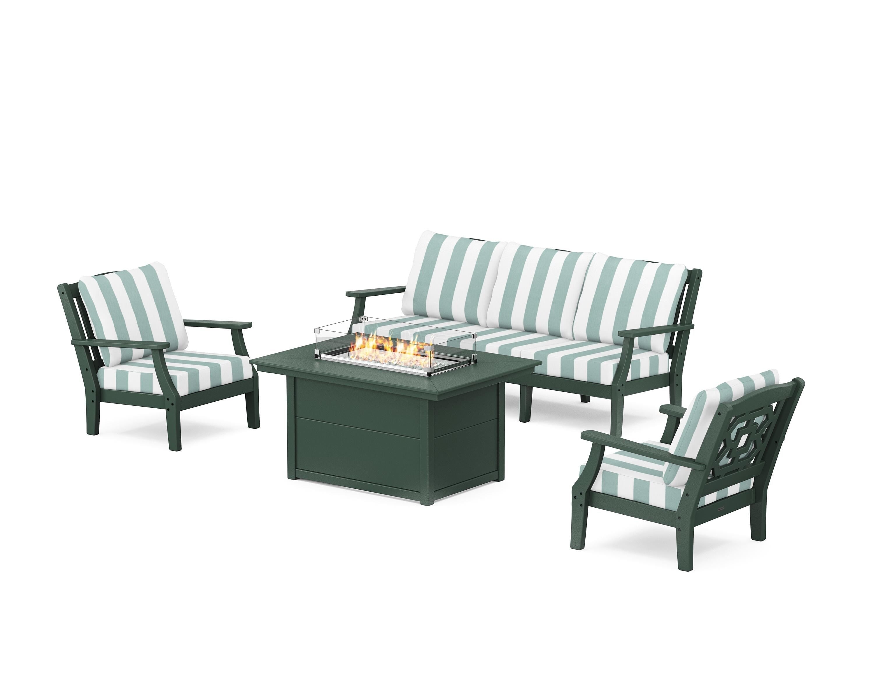 Martha Stewart by POLYWOOD® Chinoiserie Deep Seating Fire Pit Table Set in Green / Cabana Stripe Glacier Spa