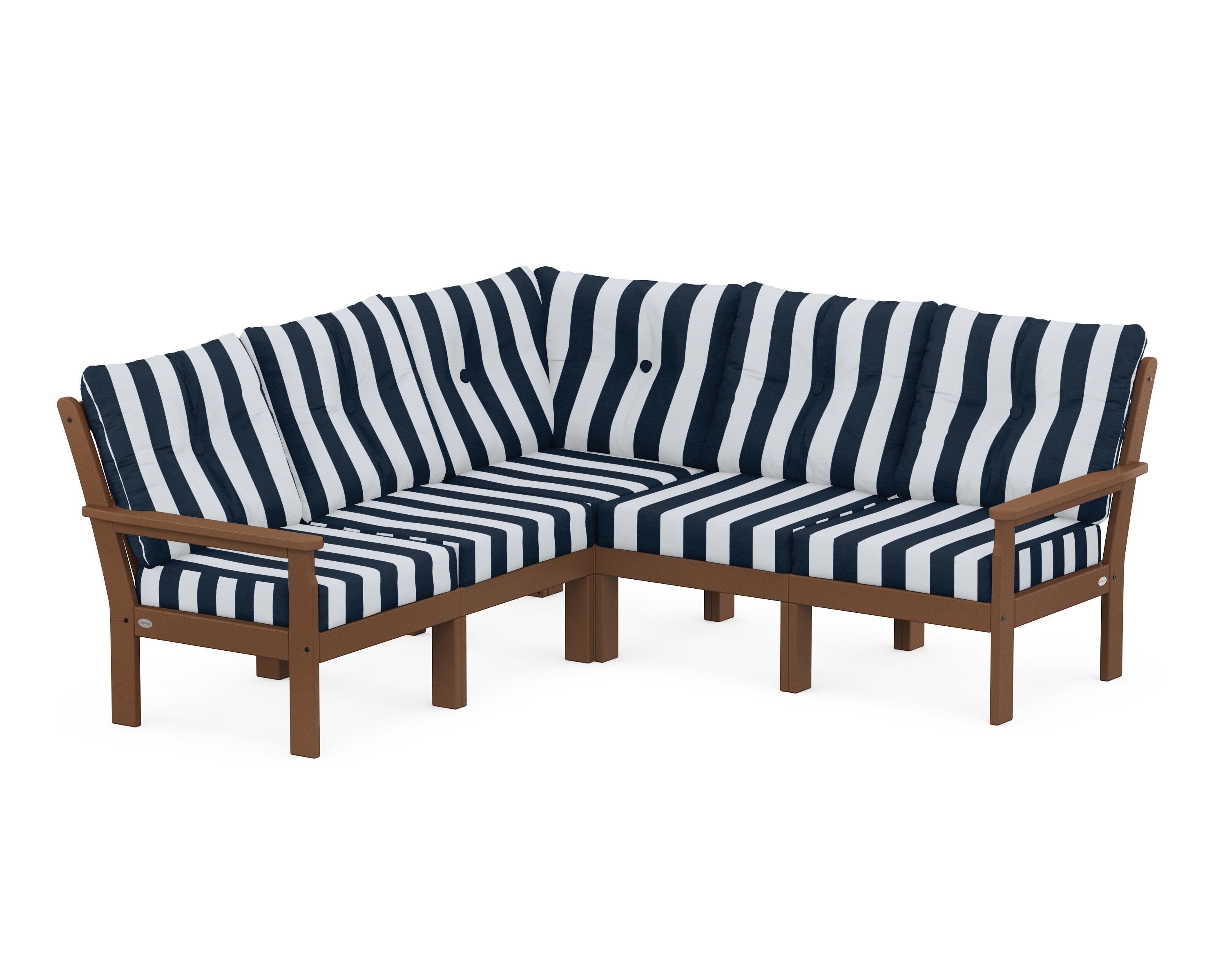 POLYWOOD® Vineyard 5-Piece Sectional in Teak / Cabana Stripe Marine Indigo