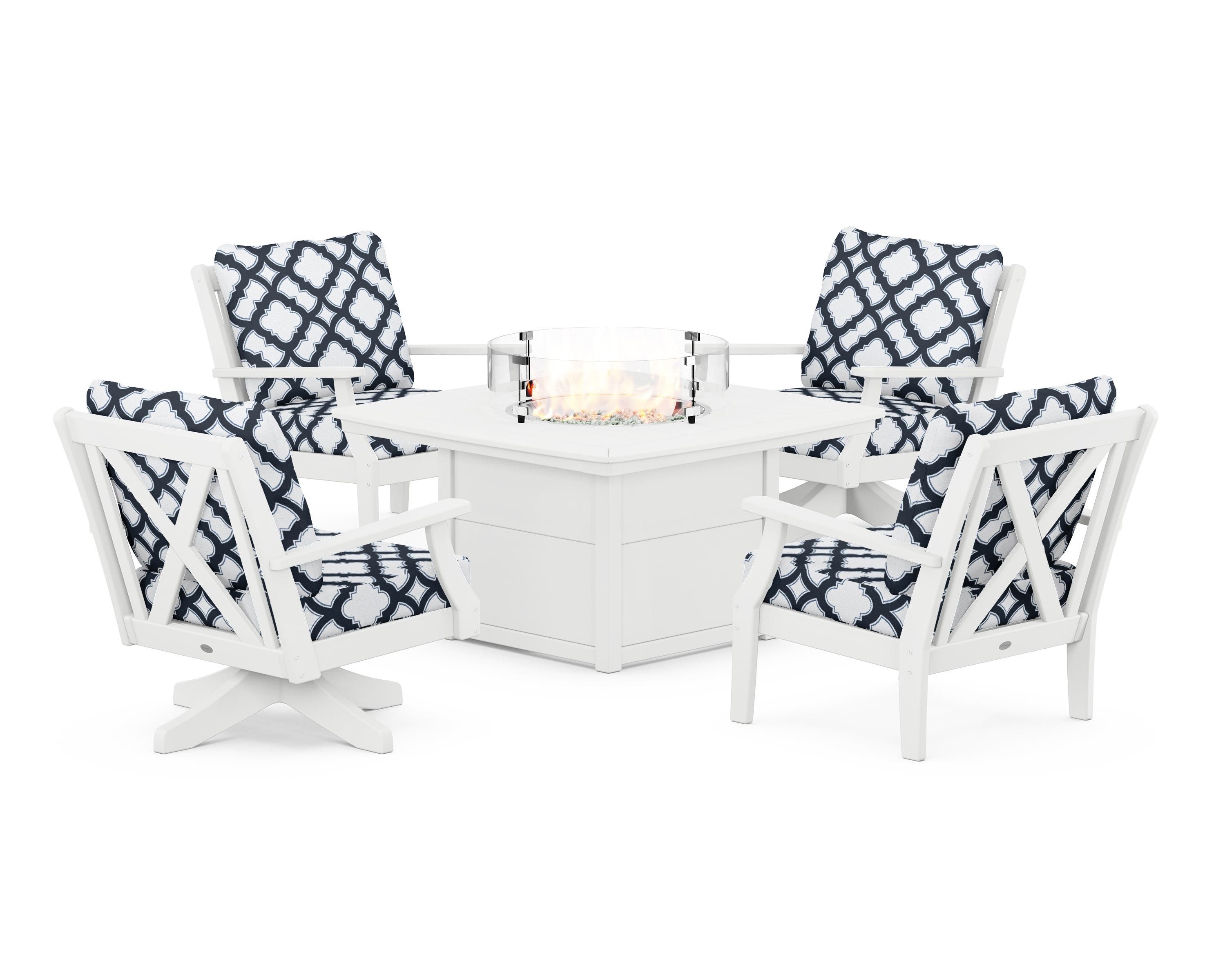 POLYWOOD® Braxton 5-Piece Deep Seating Set with Fire Table in White / Trellis Marine Indigo