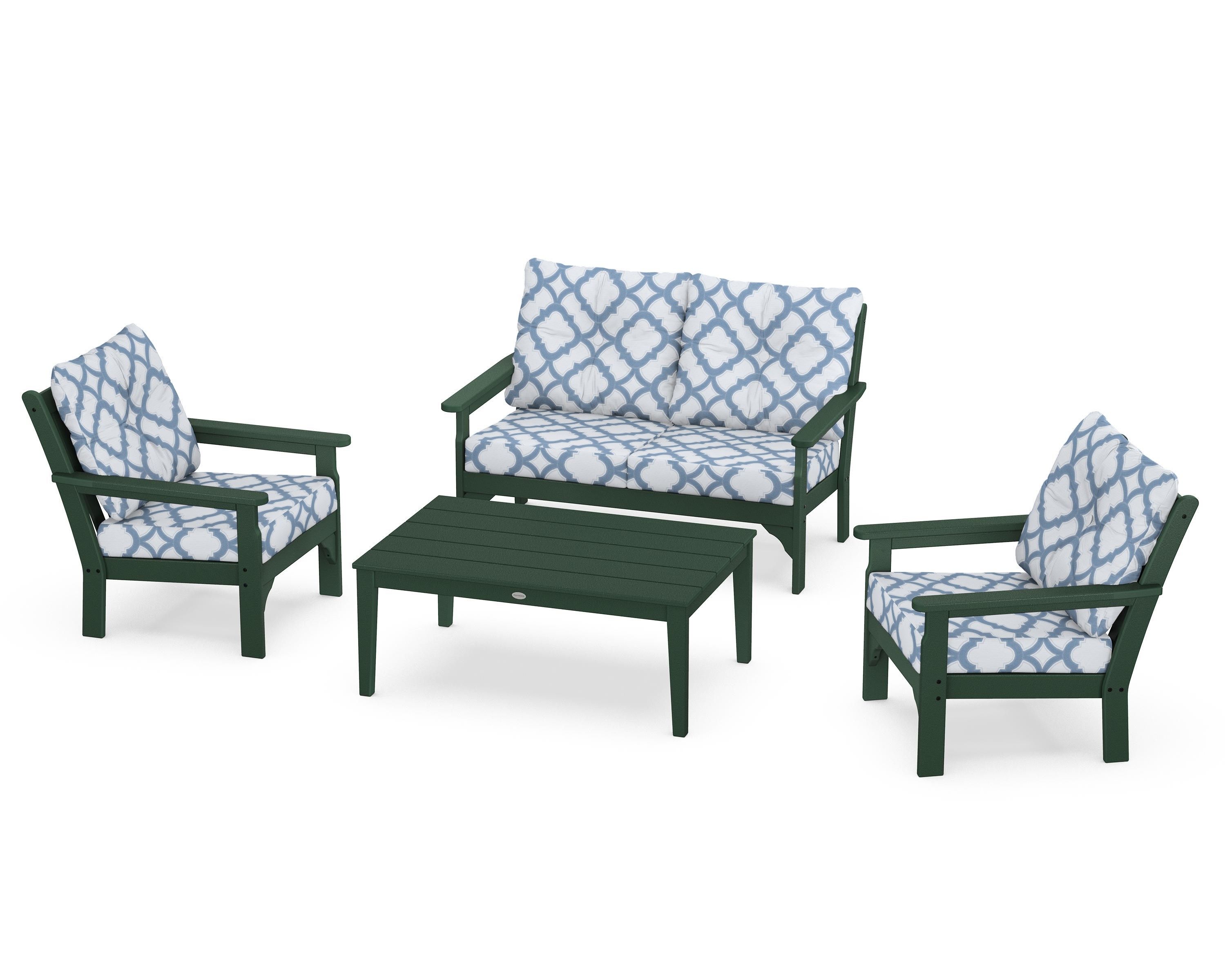 POLYWOOD® Vineyard 4-Piece Deep Seating Set in Green / Trellis Sky Blue