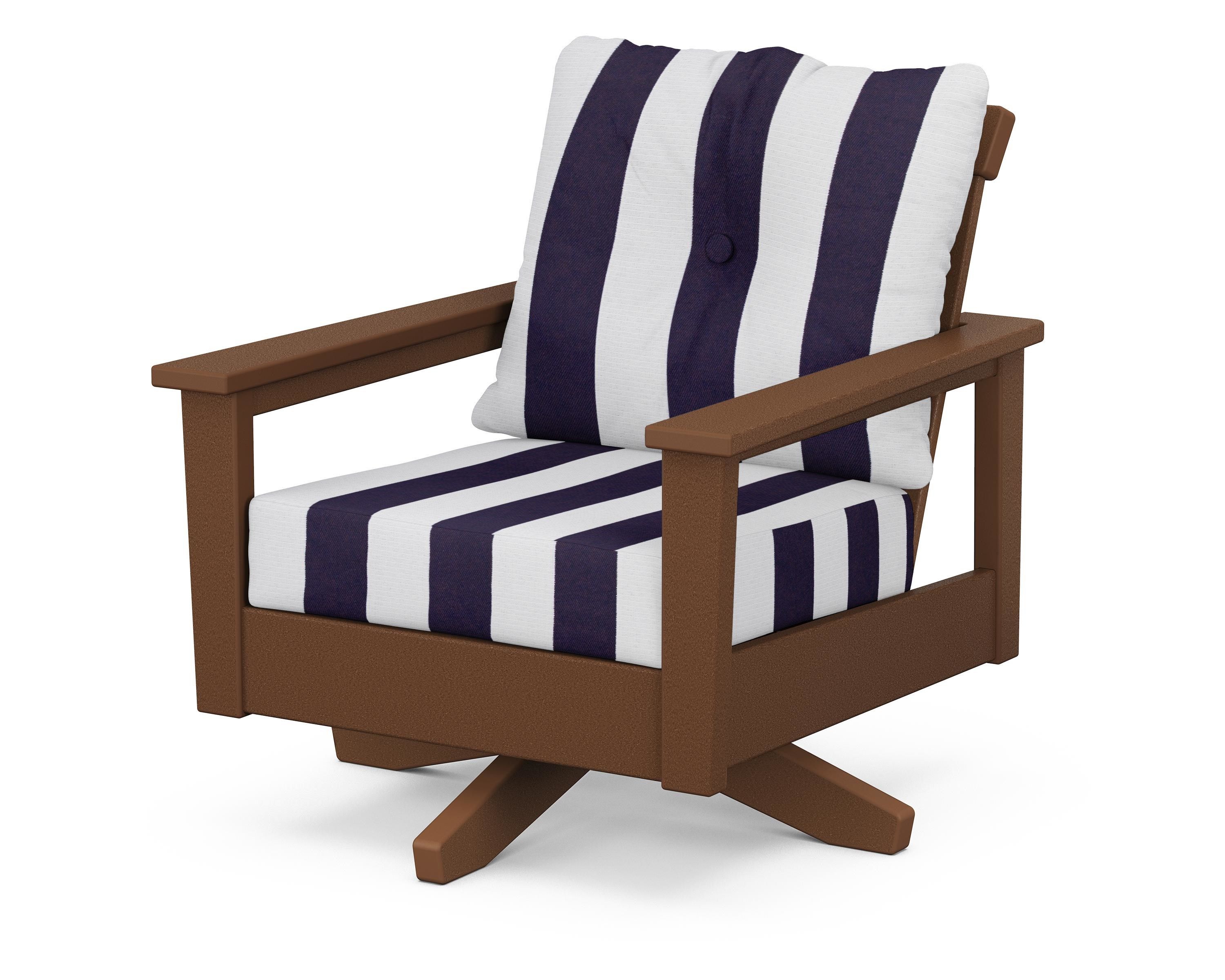 POLYWOOD® Prescott Deep Seating Swivel Chair in Teak / Cabana Stripe Navy
