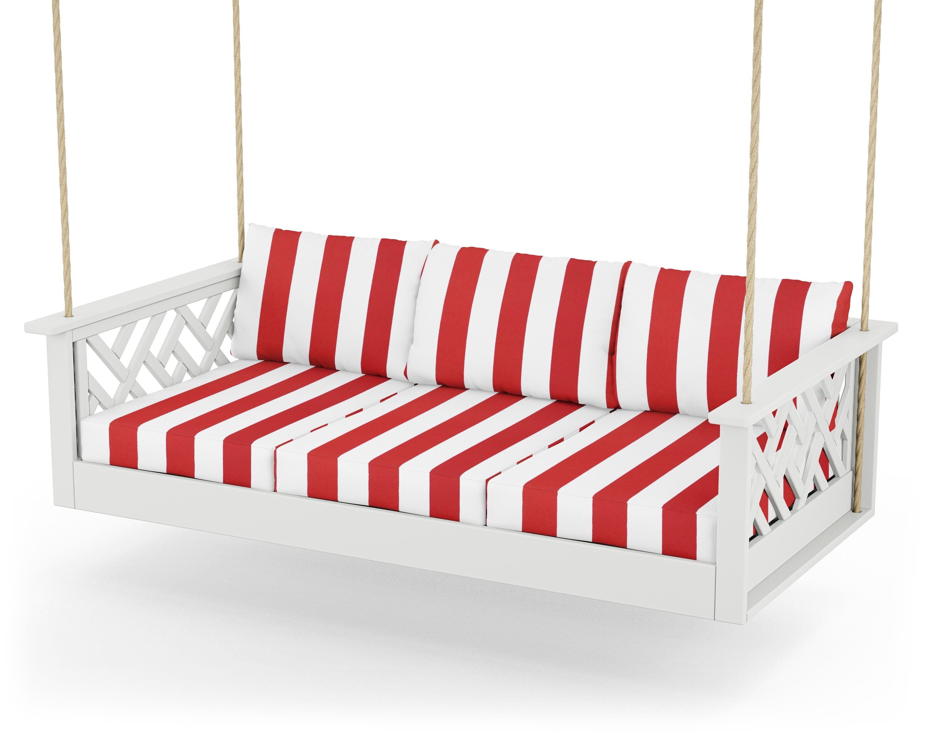 POLYWOOD® Chippendale Daybed Swing in White / Cabana Stripe Crimson