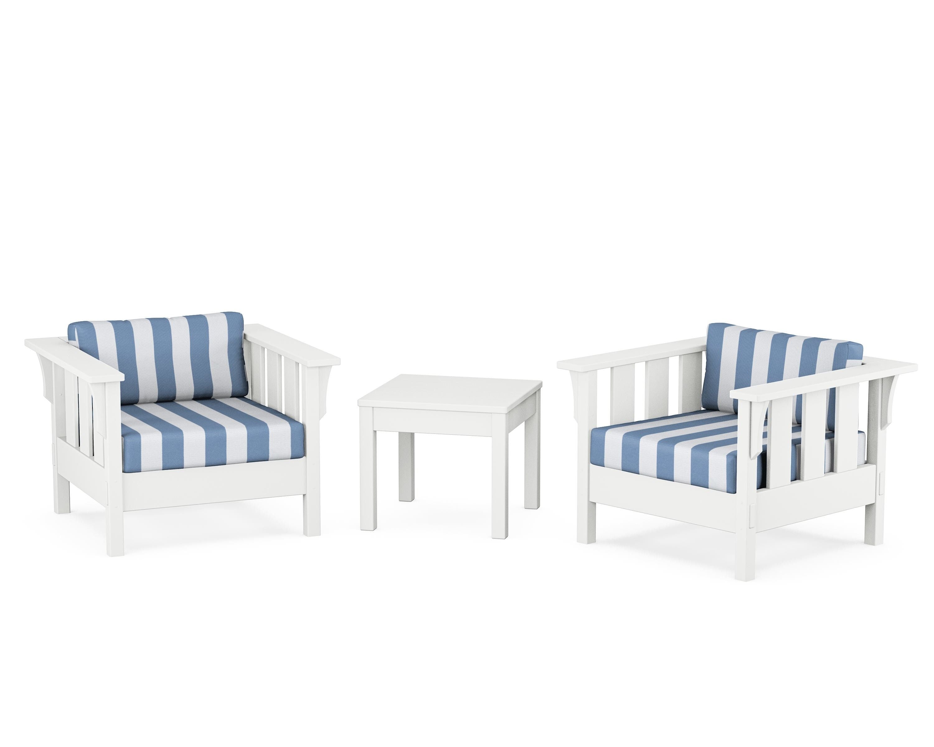 Martha Stewart by POLYWOOD® Acadia 3-Piece Deep Seating Set in White / Cabana Stripe Sky Blue