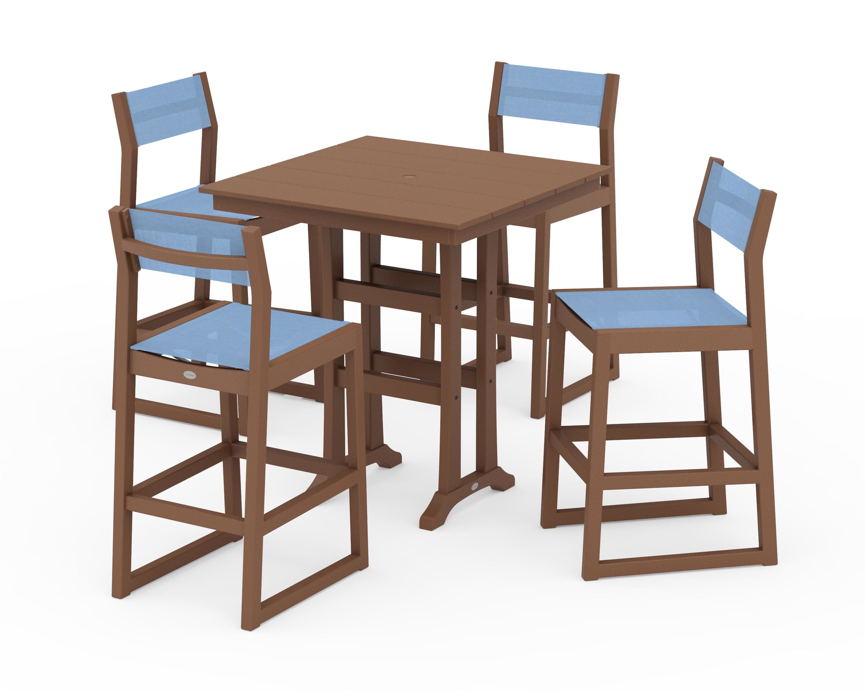 POLYWOOD® EDGE Sling Arm Chair 5-Piece Farmhouse Bar Set with Trestle Legs in Teak / Poolside Sling