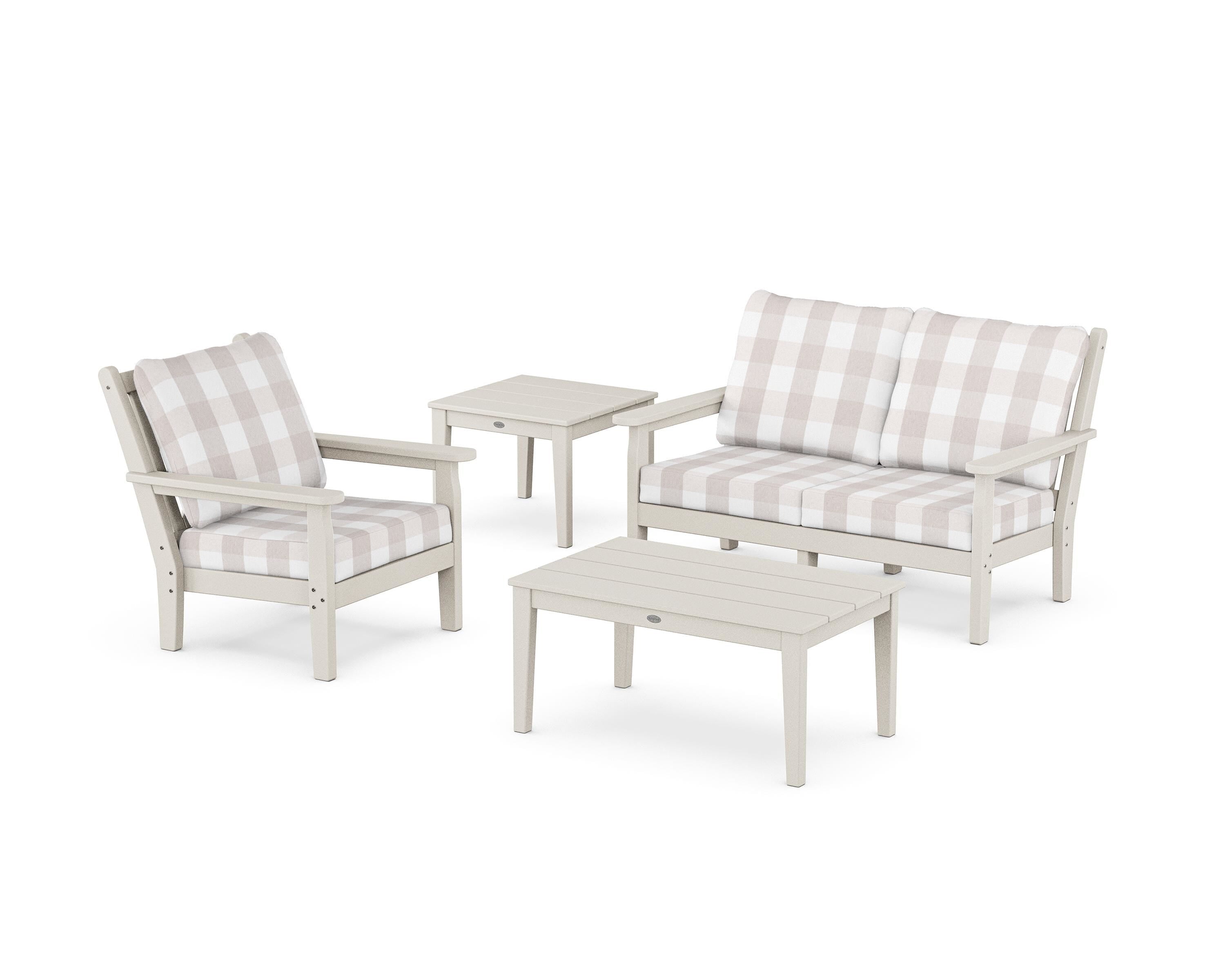POLYWOOD® Chippendale 4-Piece Deep Seating Set in Sand / Buffalo Plaid Dune Burlap